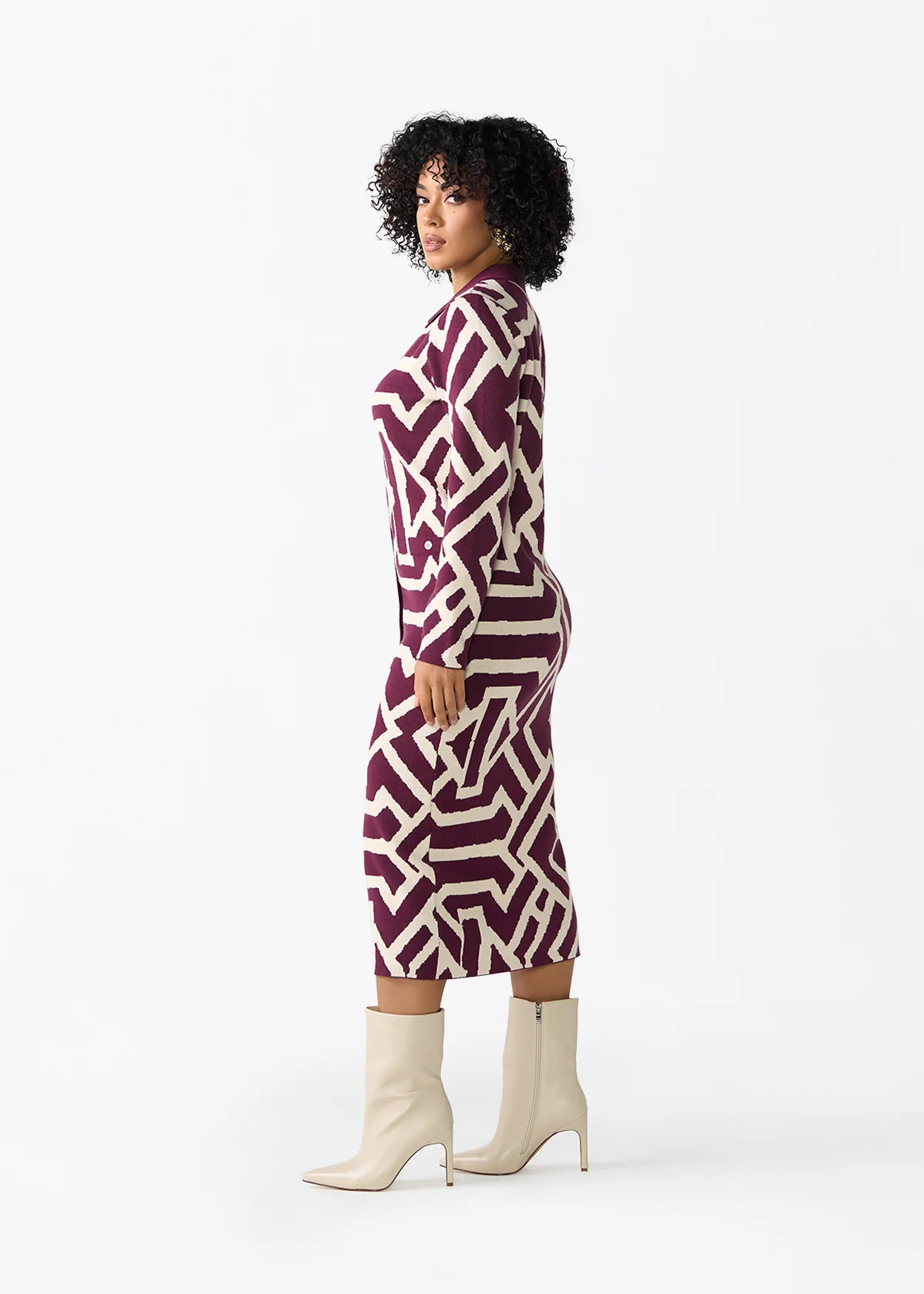 Fawzia Women's African Print Button-Up Sweater Dress (Cream Berry Tribal) - Image 5