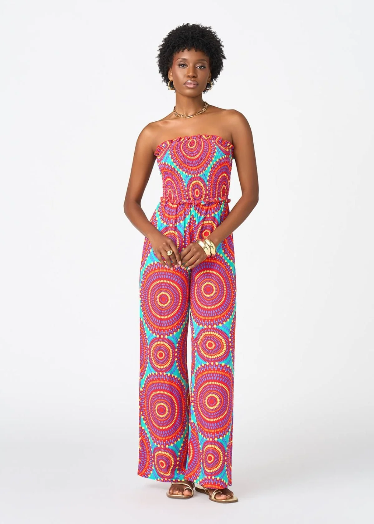 Hadija Women's African Print Jumpsuit (Turquoise Red Circles)