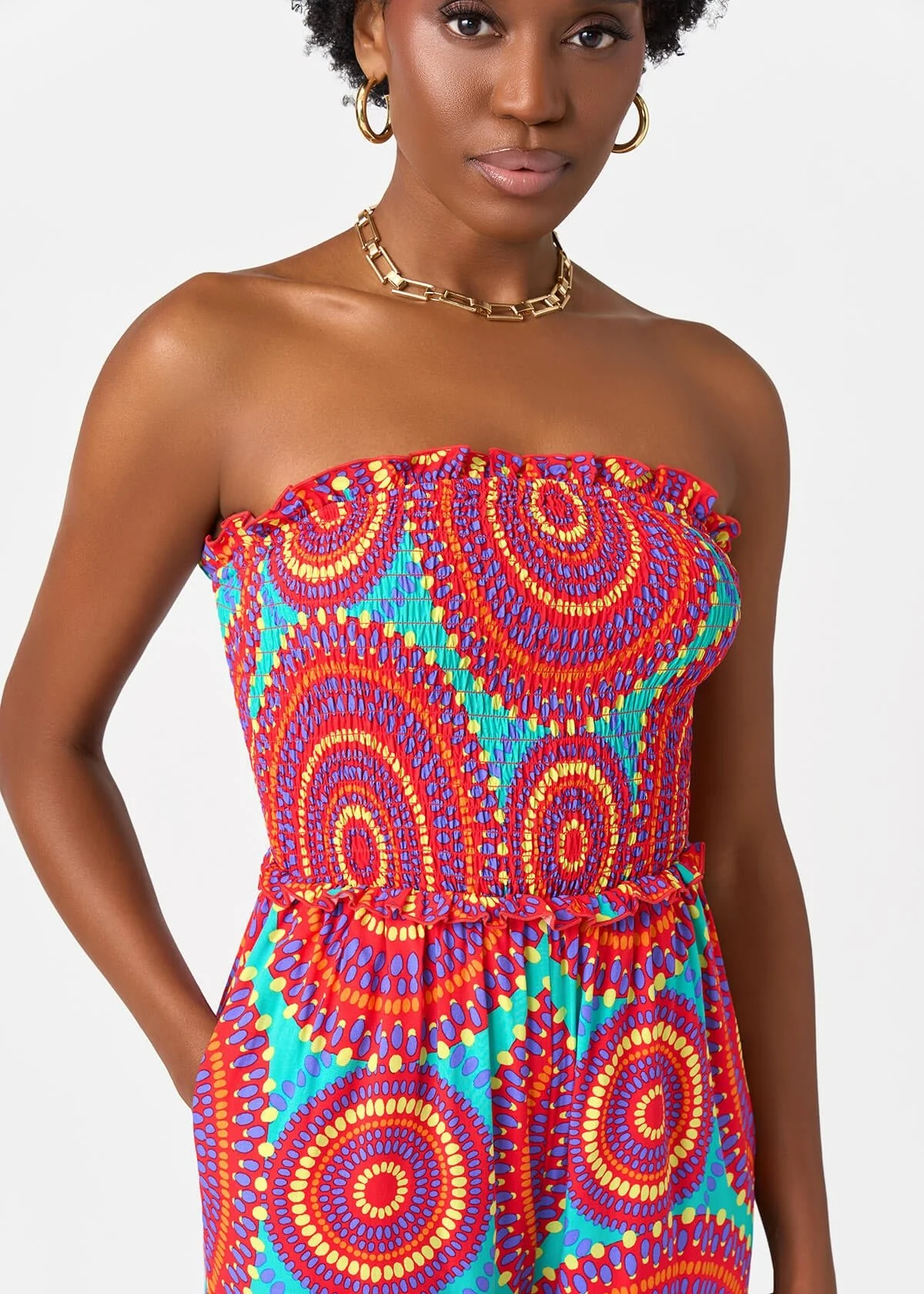Hadija Women's African Print Jumpsuit (Turquoise Red Circles) - Image 2