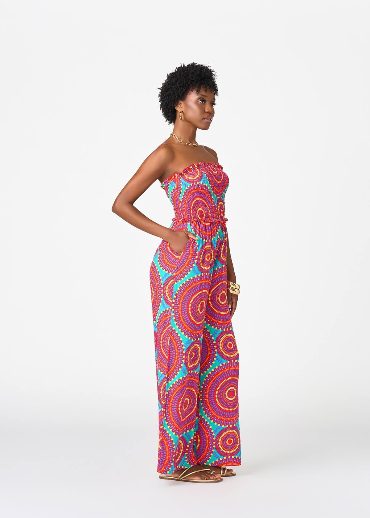 Hadija Women's African Print Jumpsuit (Turquoise Red Circles) - Image 3
