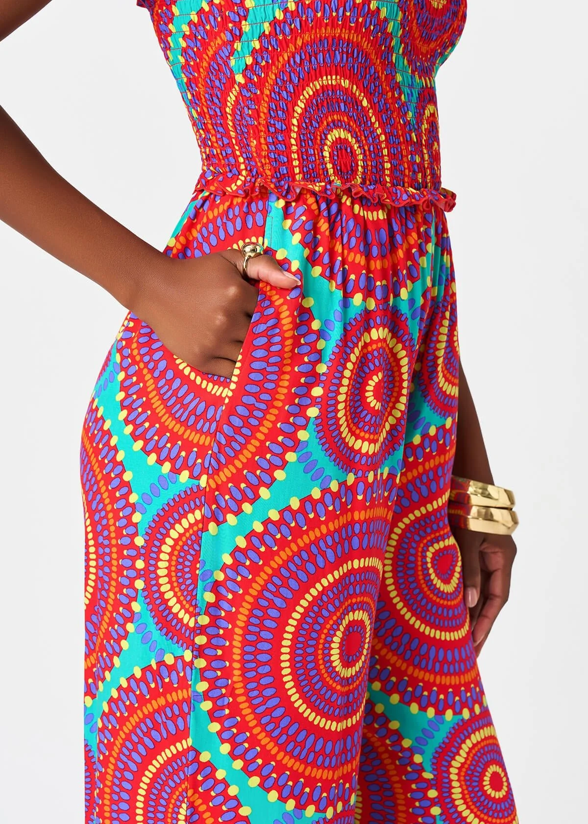 Hadija Women's African Print Jumpsuit (Turquoise Red Circles) - Image 5