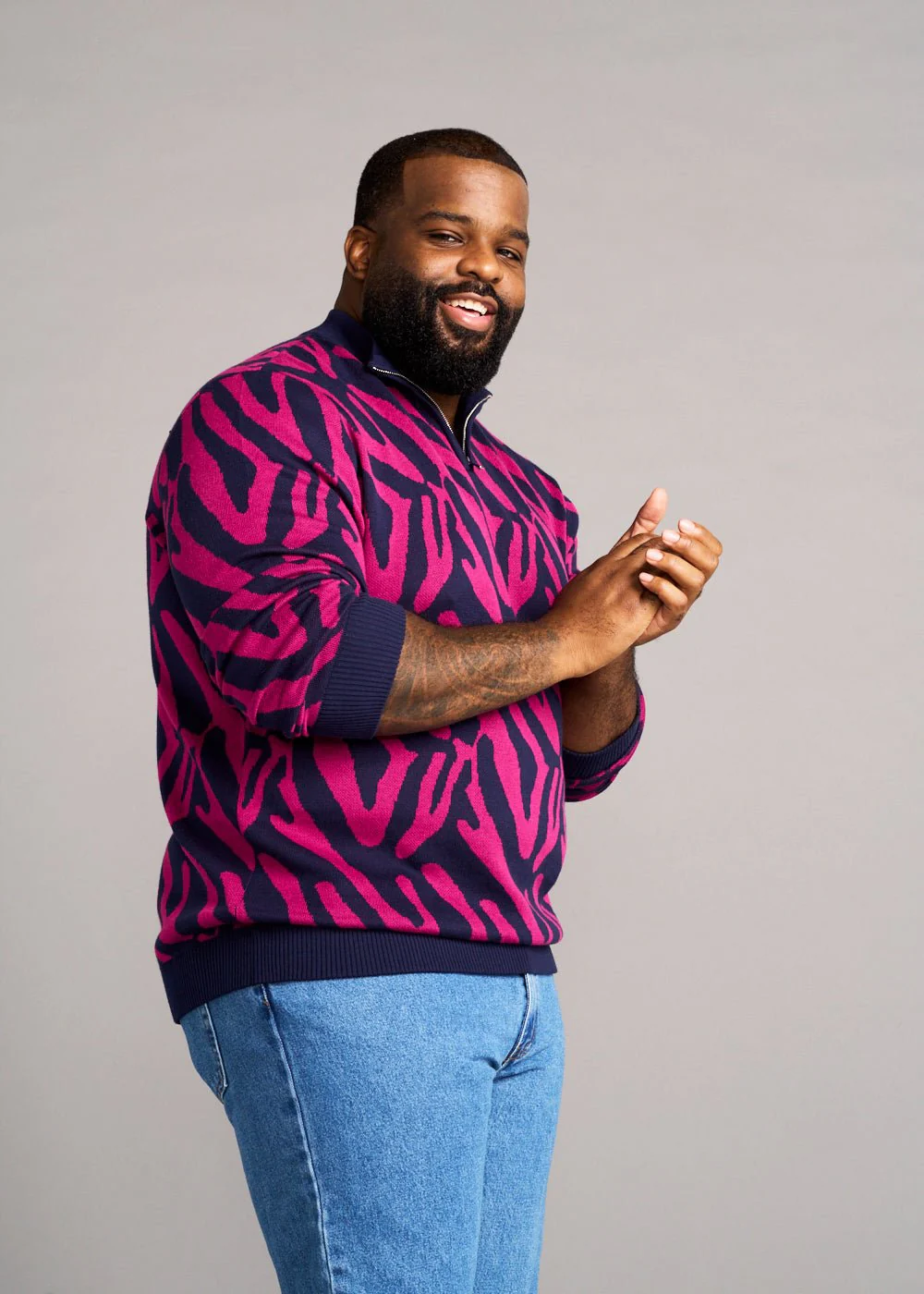 Hamadi Men's African Print Quarter Zip Sweater (Berry Zebra Abstract) - Clearance - Image 3