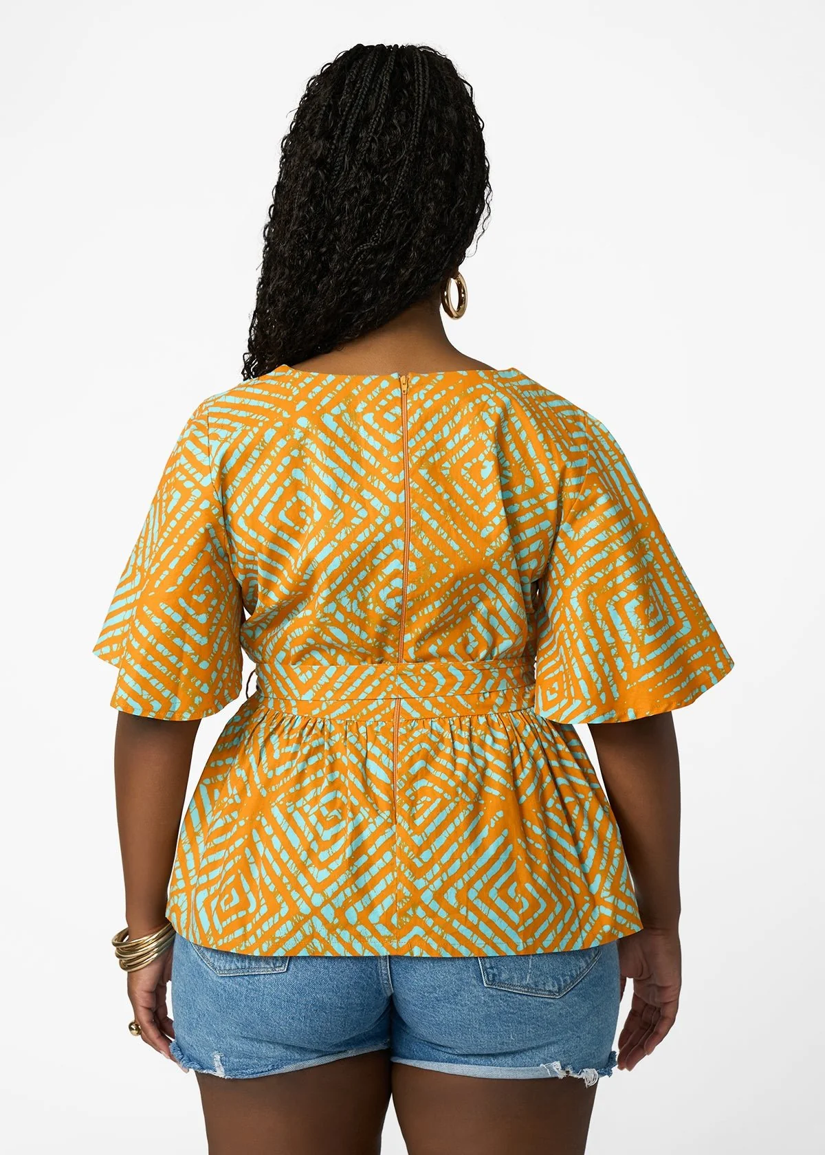 Hamama Women's African Print Peplum Blouse (Orange Blue Adire) - Image 5