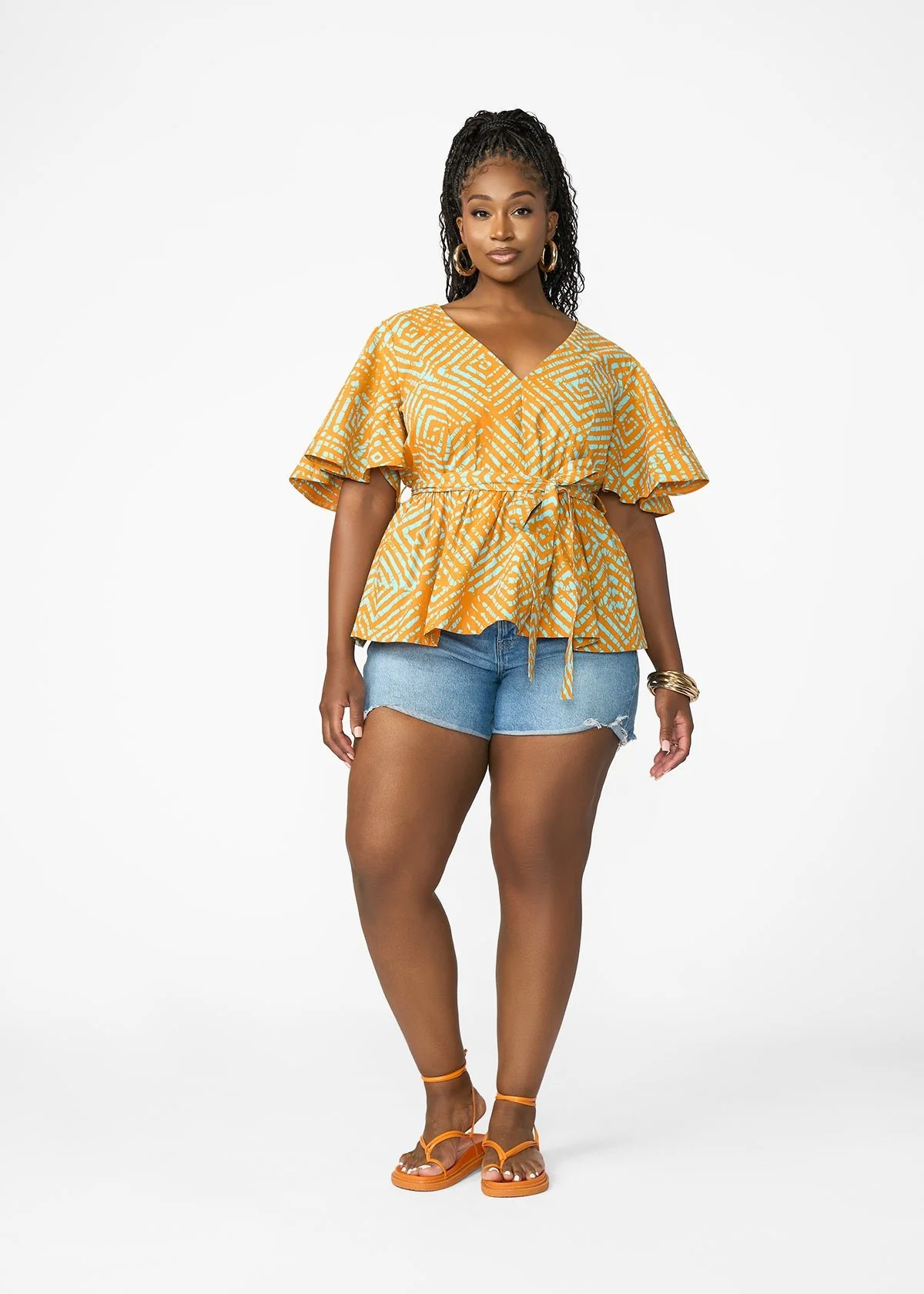 Hamama Women's African Print Peplum Blouse (Orange Blue Adire) - Image 6