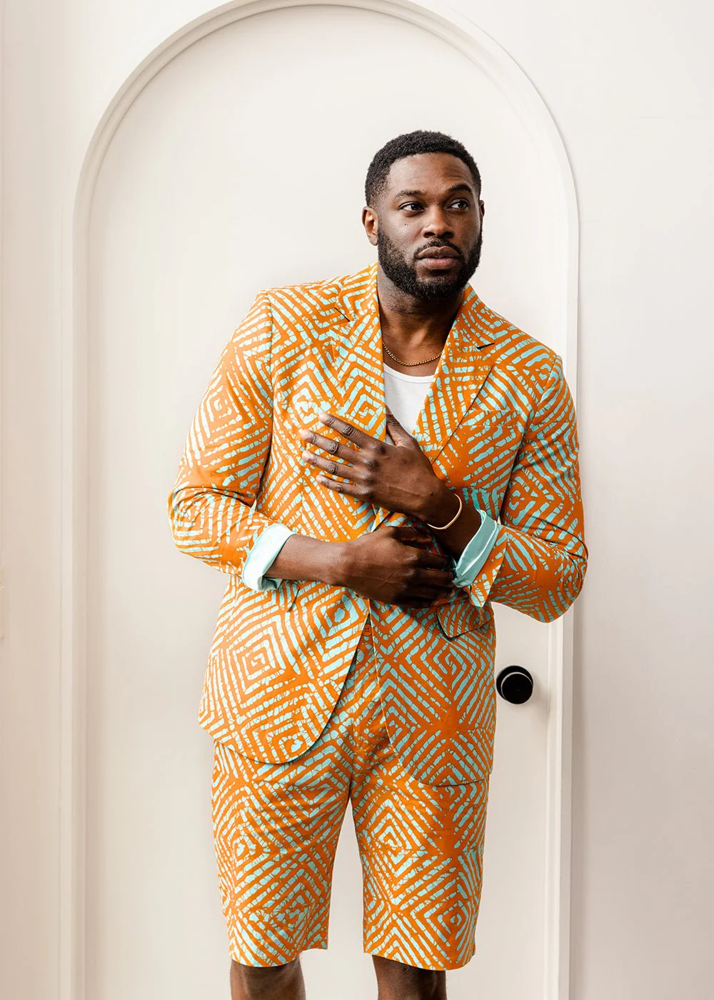 Hami Men's African Print Lightweight Blazer (Orange Blue Adire) - Image 7