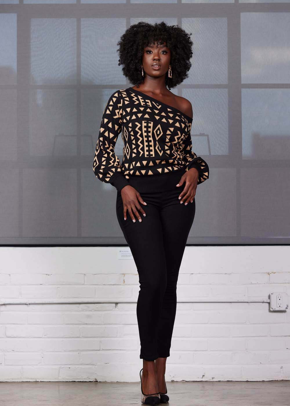 Hiba Women's African Print Off-Shoulder Sweater (Tan Black Tribal) - Image 2