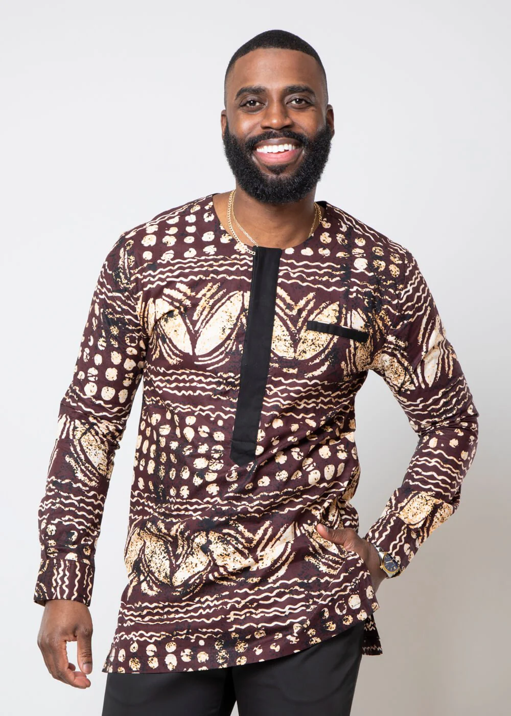 Ibrahim Men's African Print Traditional Shirt (Brown Black Adire) - Clearance
