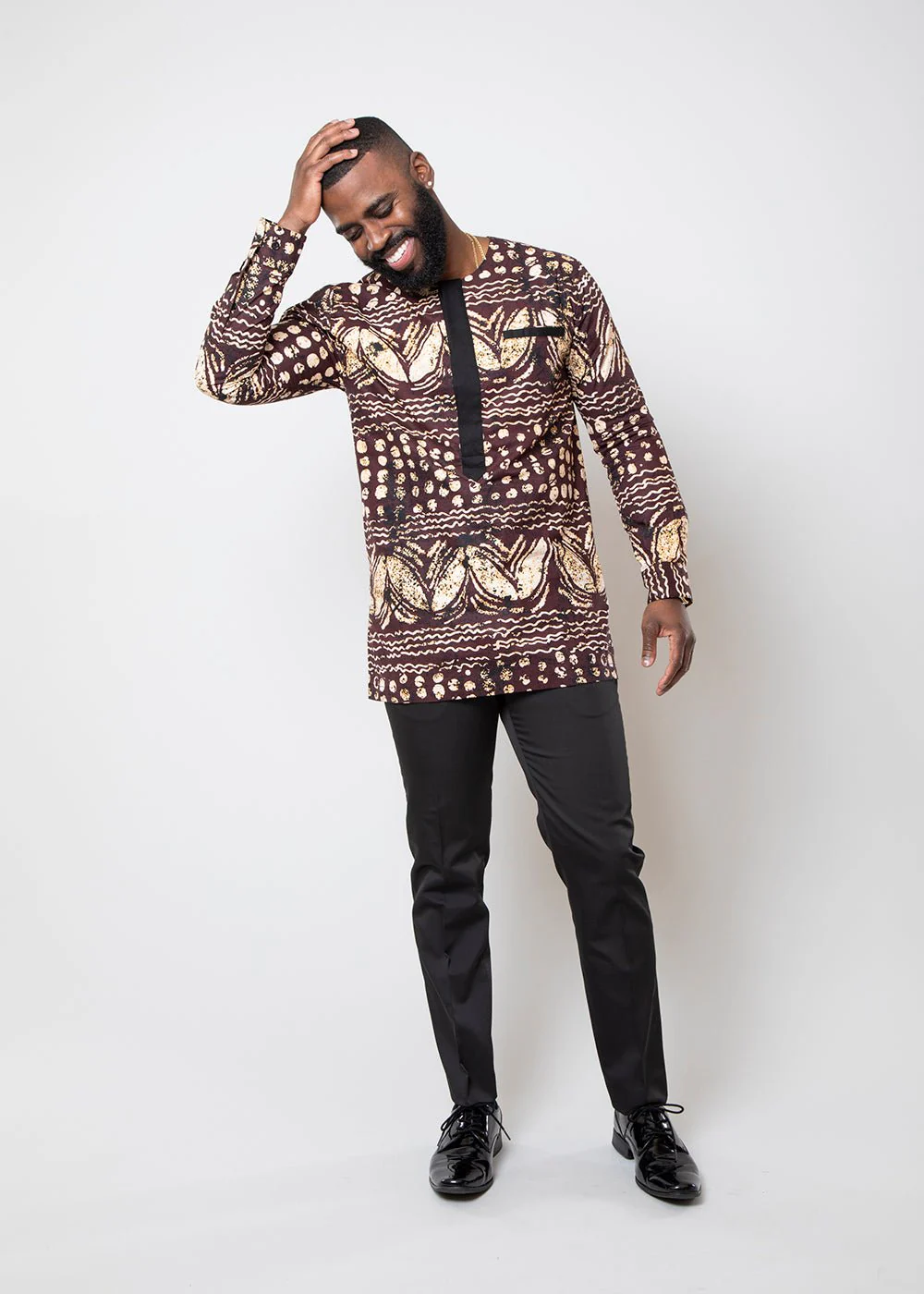 Ibrahim Men's African Print Traditional Shirt (Brown Black Adire) - Clearance - Image 2