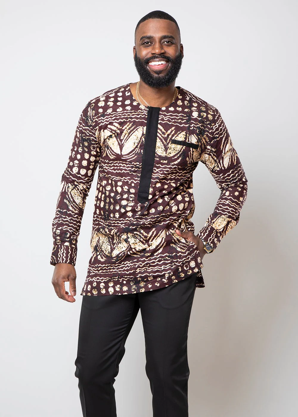 Ibrahim Men's African Print Traditional Shirt (Brown Black Adire) - Clearance - Image 5