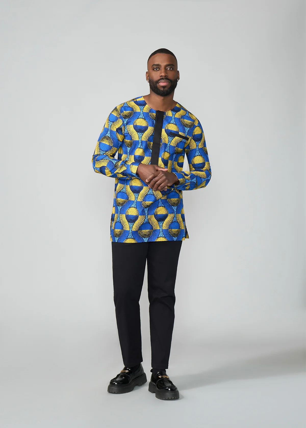 Ibrahim African Print Traditional Top (Blue Gold Circles) - Image 2