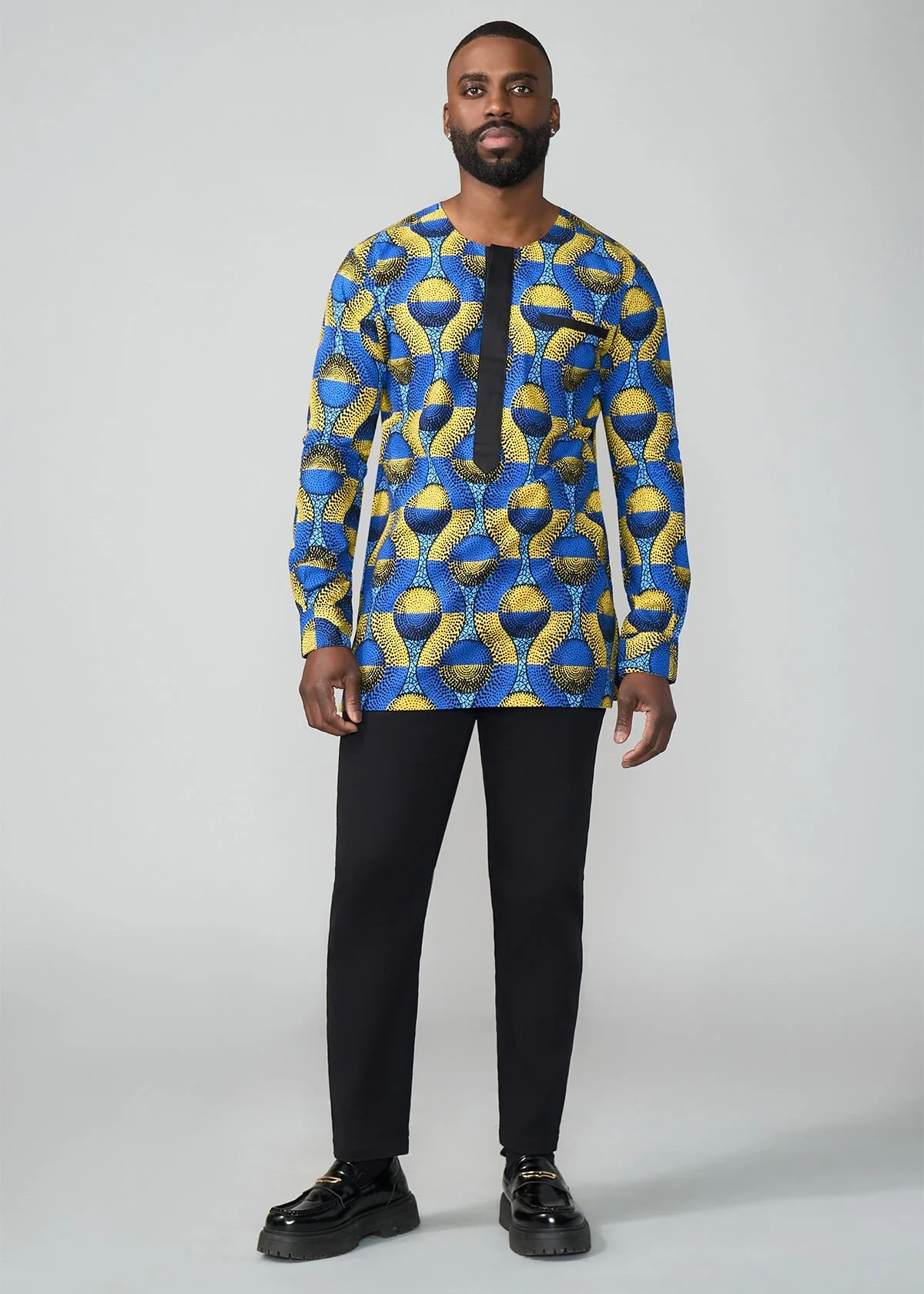 Ibrahim African Print Traditional Top (Blue Gold Circles) - Image 4