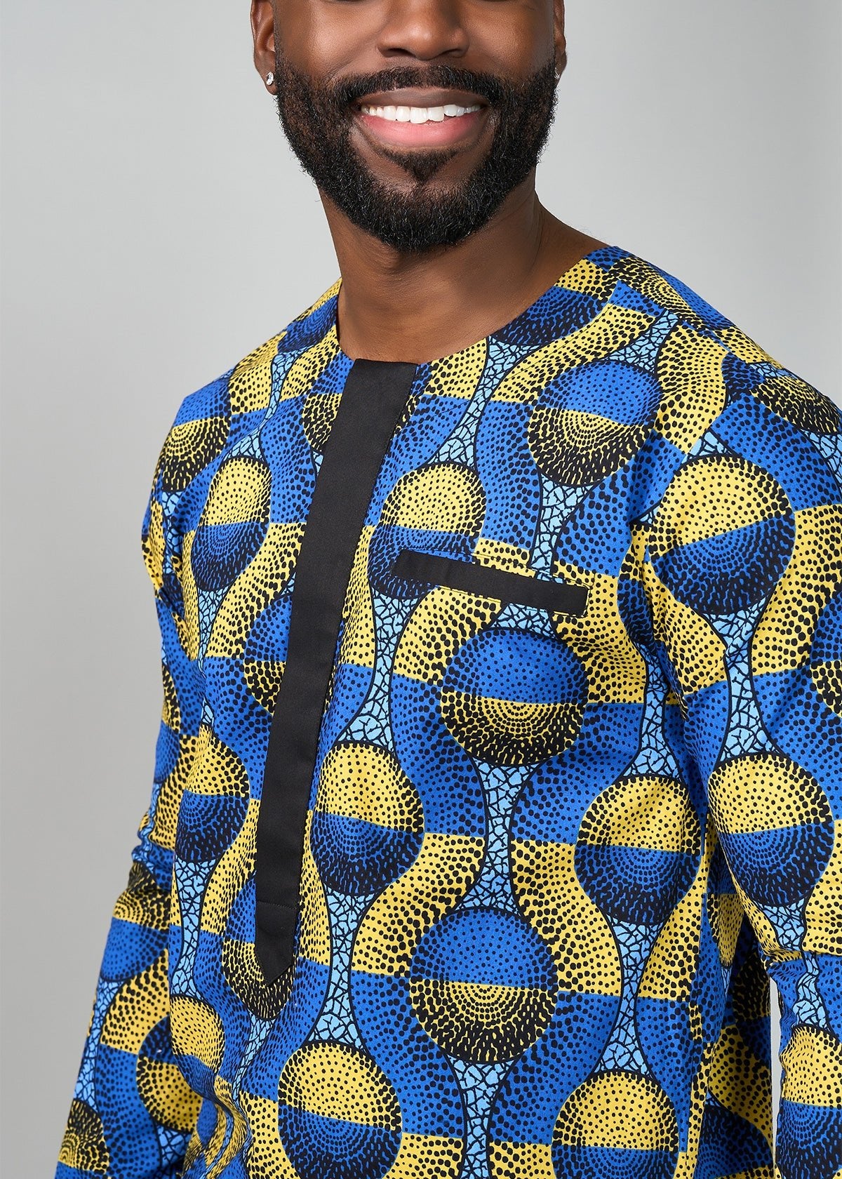 Ibrahim African Print Traditional Top (Blue Gold Circles) - Image 5