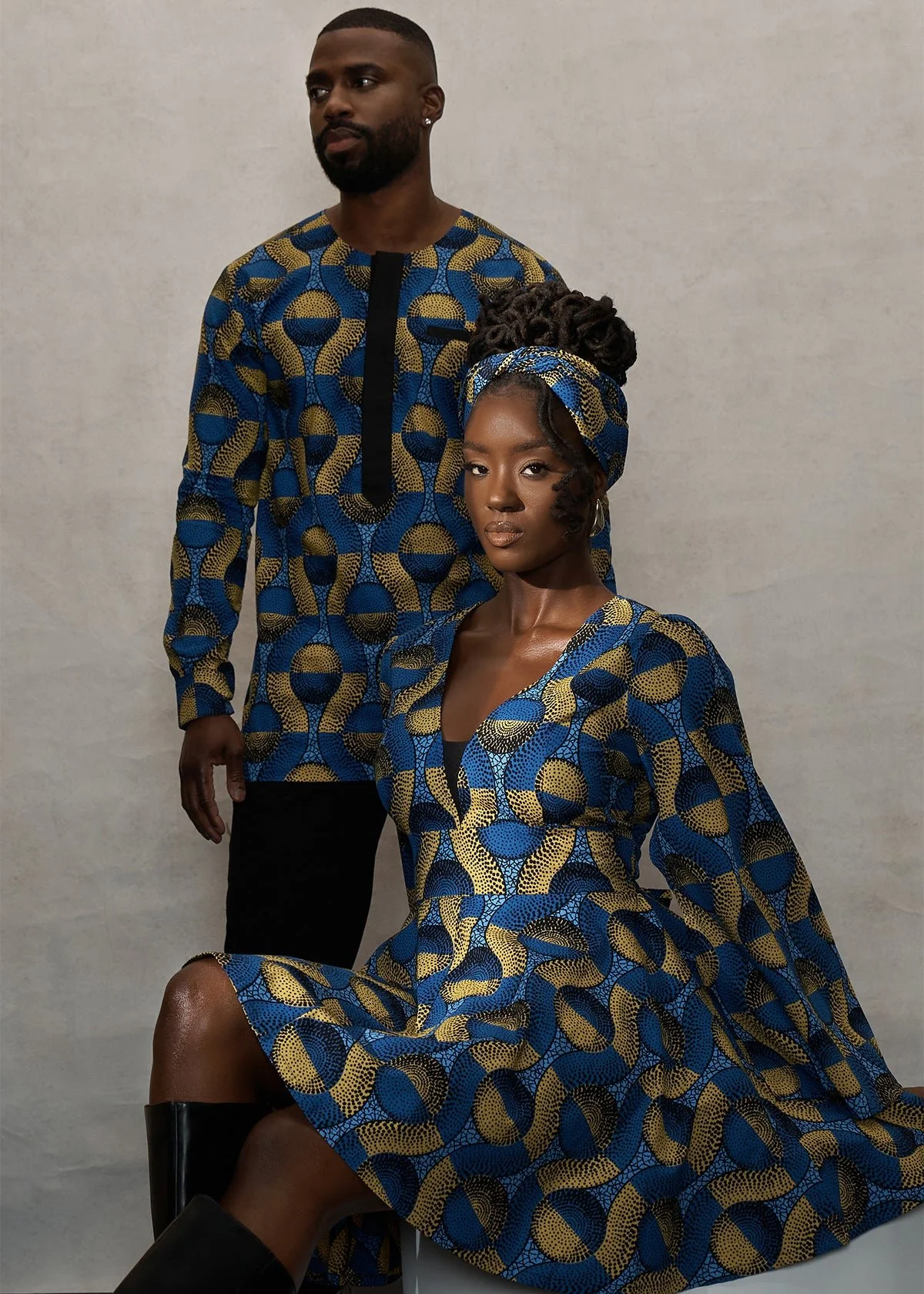 Ibrahim African Print Traditional Top (Blue Gold Circles) - Image 6