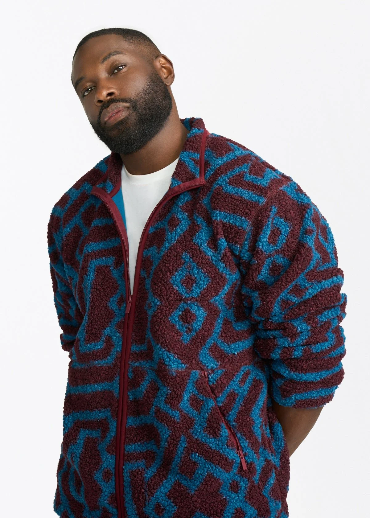 Idir Men's African Print Teddy Fleece Jacket (Maroon Teal Tribal) - Clearance