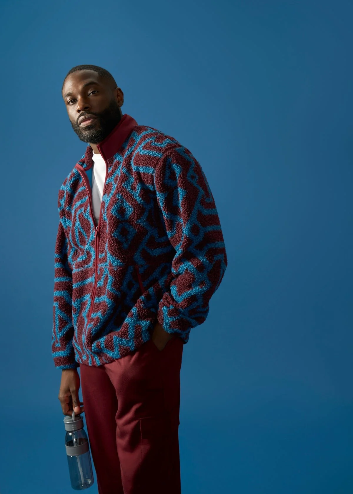 Idir Men's African Print Teddy Fleece Jacket (Maroon Teal Tribal) - Clearance - Image 2
