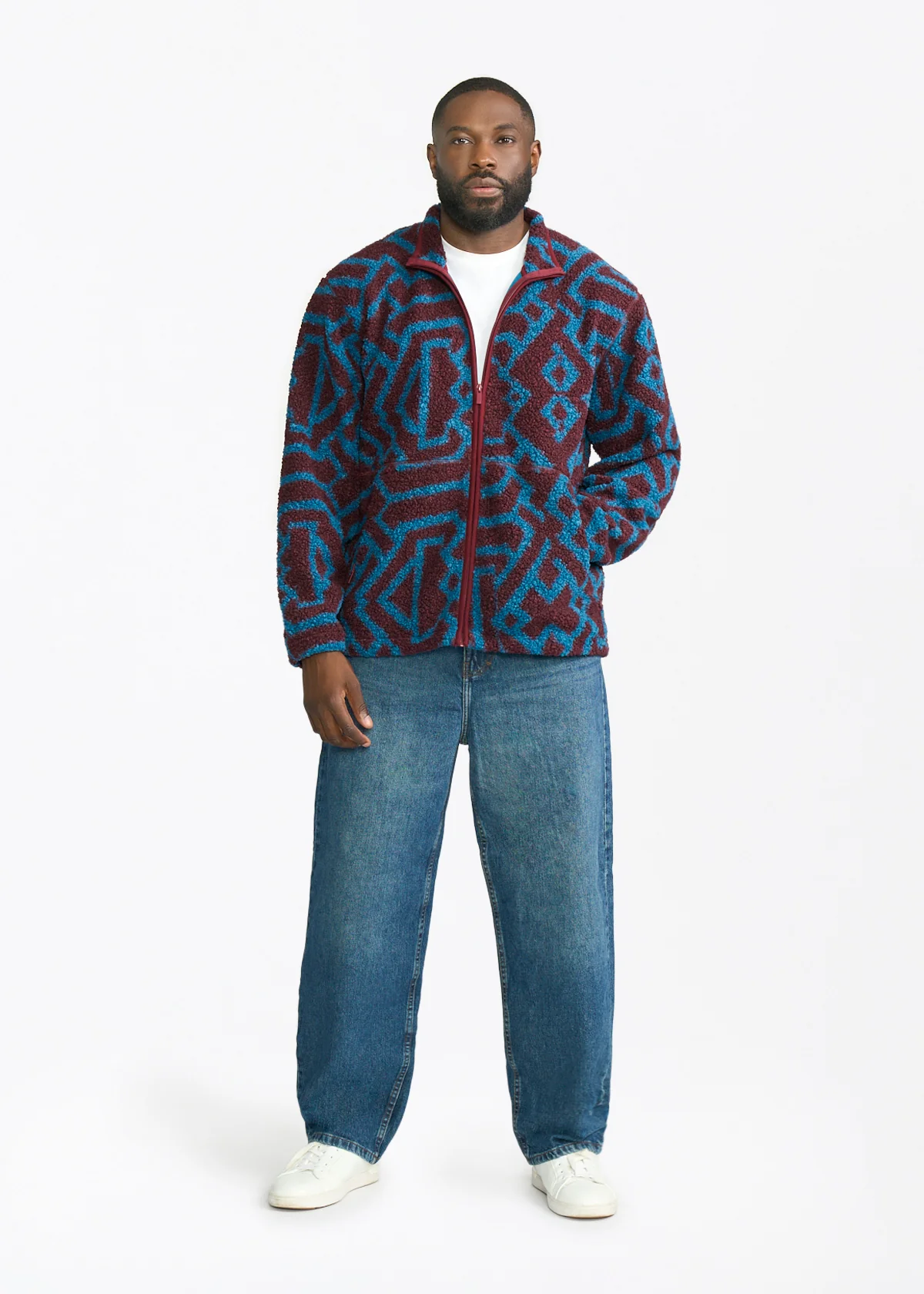 Idir Men's African Print Teddy Fleece Jacket (Maroon Teal Tribal) - Clearance - Image 3