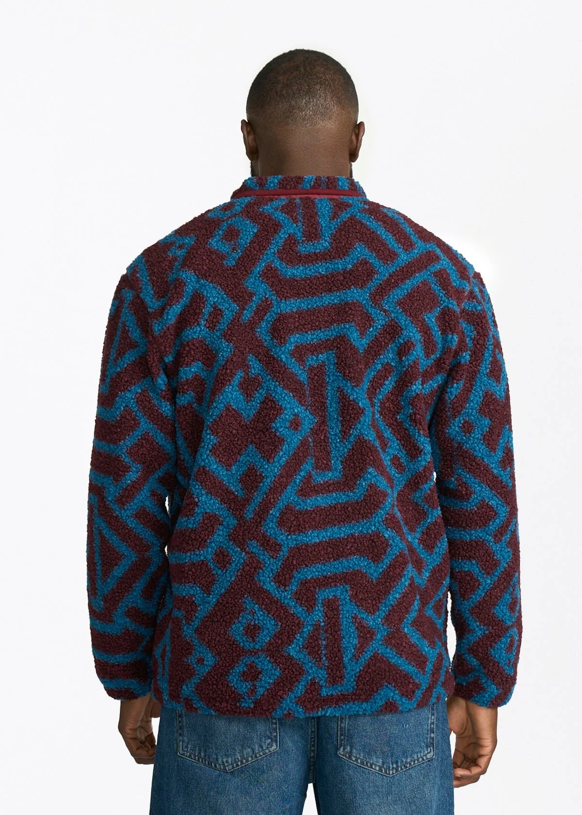 Idir Men's African Print Teddy Fleece Jacket (Maroon Teal Tribal) - Clearance - Image 4