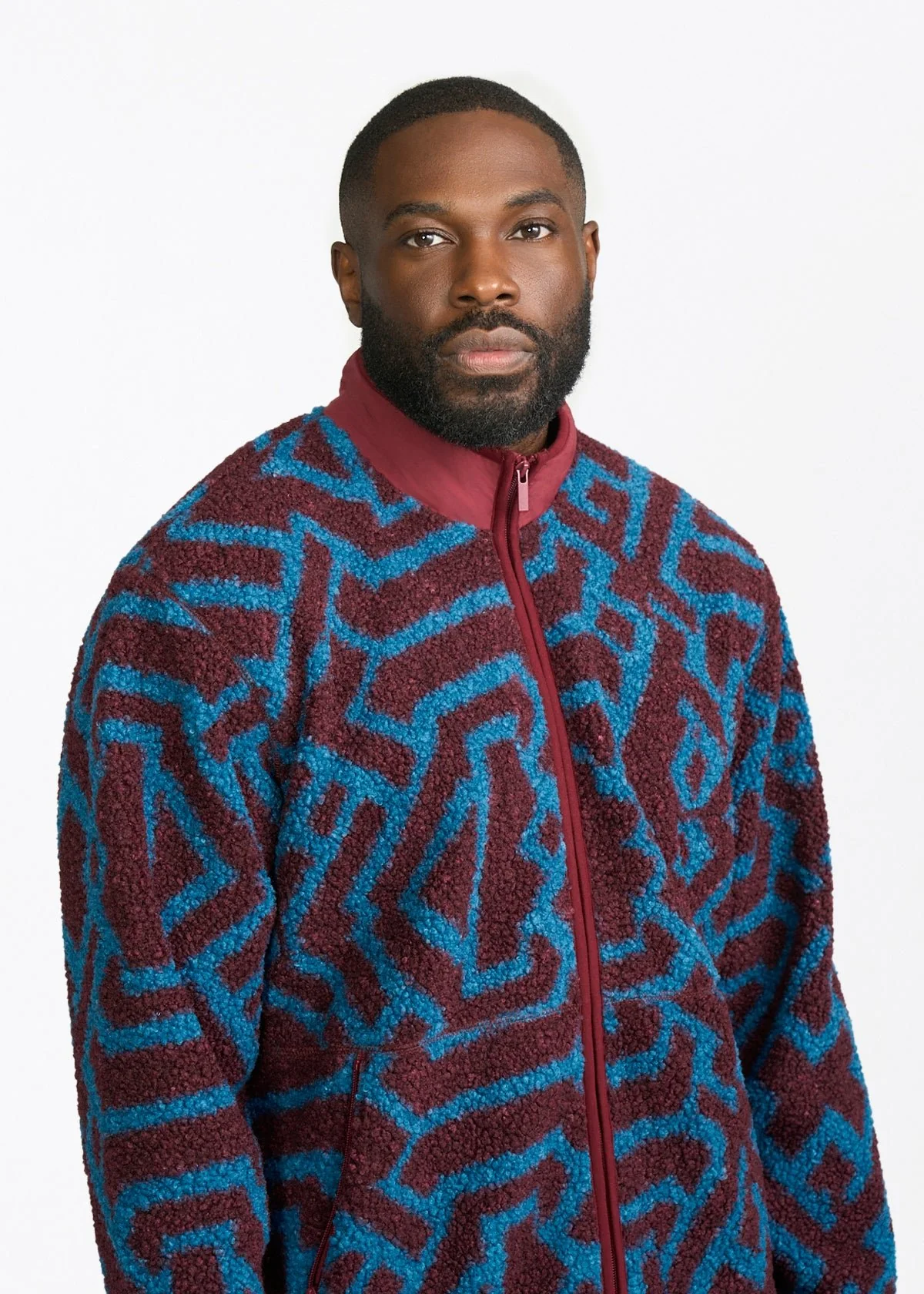 Idir Men's African Print Teddy Fleece Jacket (Maroon Teal Tribal) - Clearance - Image 6