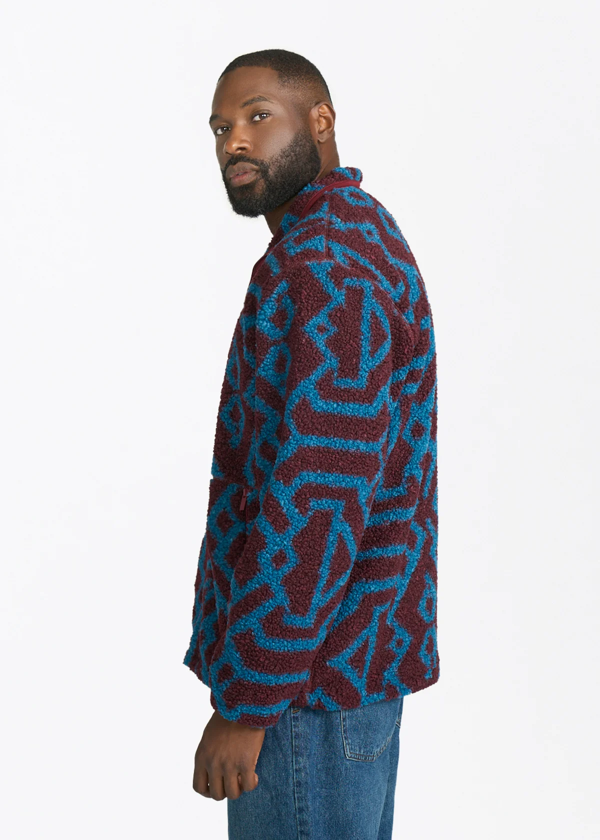 Idir Men's African Print Teddy Fleece Jacket (Maroon Teal Tribal) - Clearance - Image 7