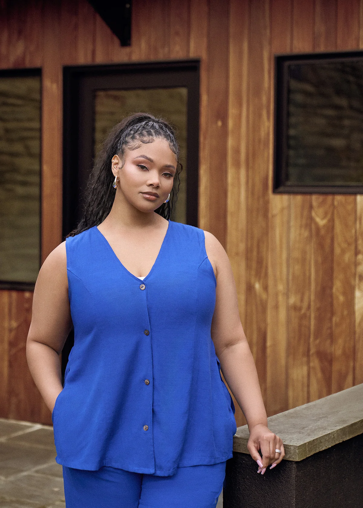 Ifeoma Women's Linen Blend Button-Up Vest (Cobalt) - Clearance