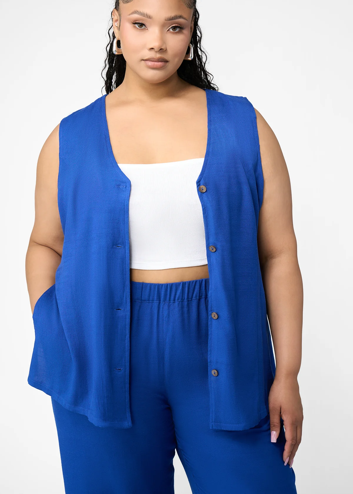Ifeoma Women's Linen Blend Button-Up Vest (Cobalt) - Clearance - Image 2
