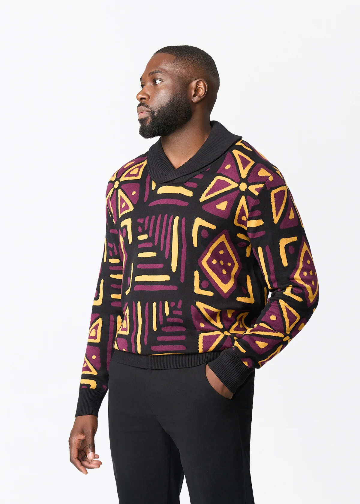 Iferan Men's African Print Sweater (Plum Black Tribal) - Clearance - Image 3