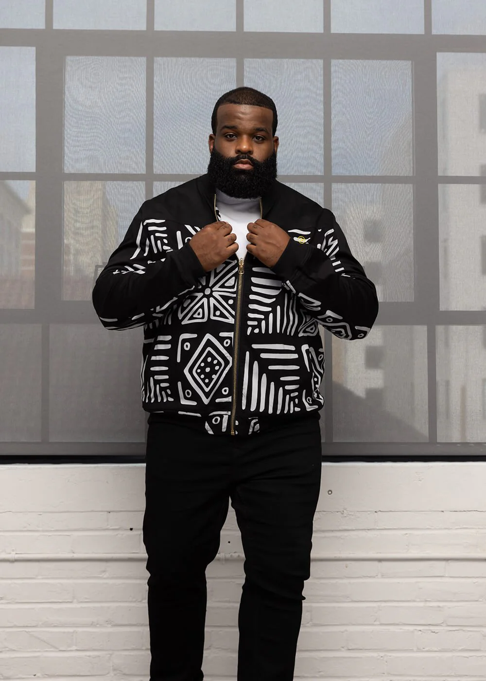 Ise Men's African Print Reversible Bomber Jacket (Grayscale Tribal) - Image 2