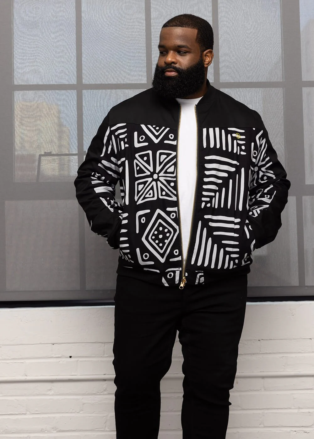 Ise Men's African Print Reversible Bomber Jacket (Grayscale Tribal) - Image 7