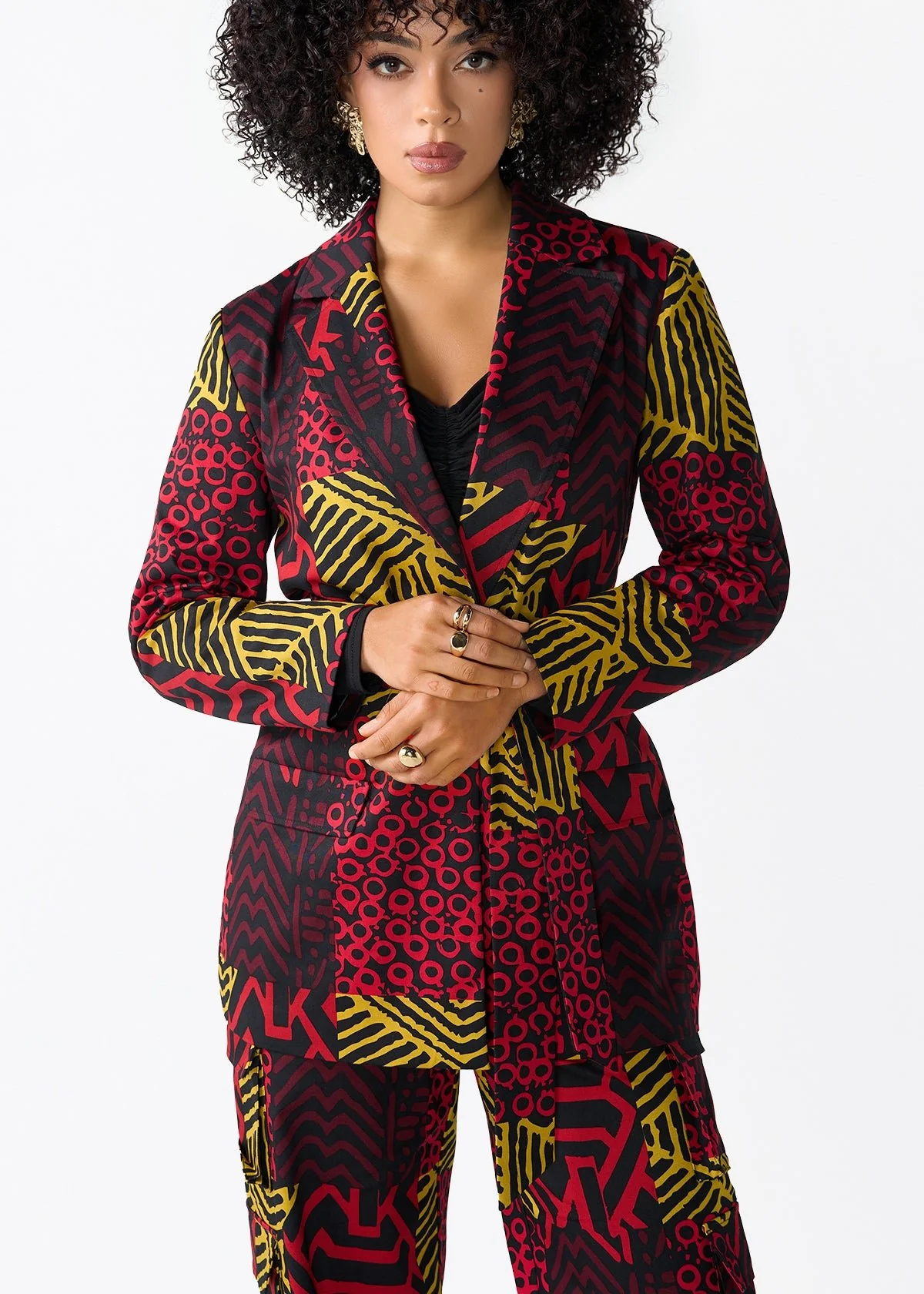 Izara Women's African Print Loose Fit Blazer (Black Cherry Multipattern)