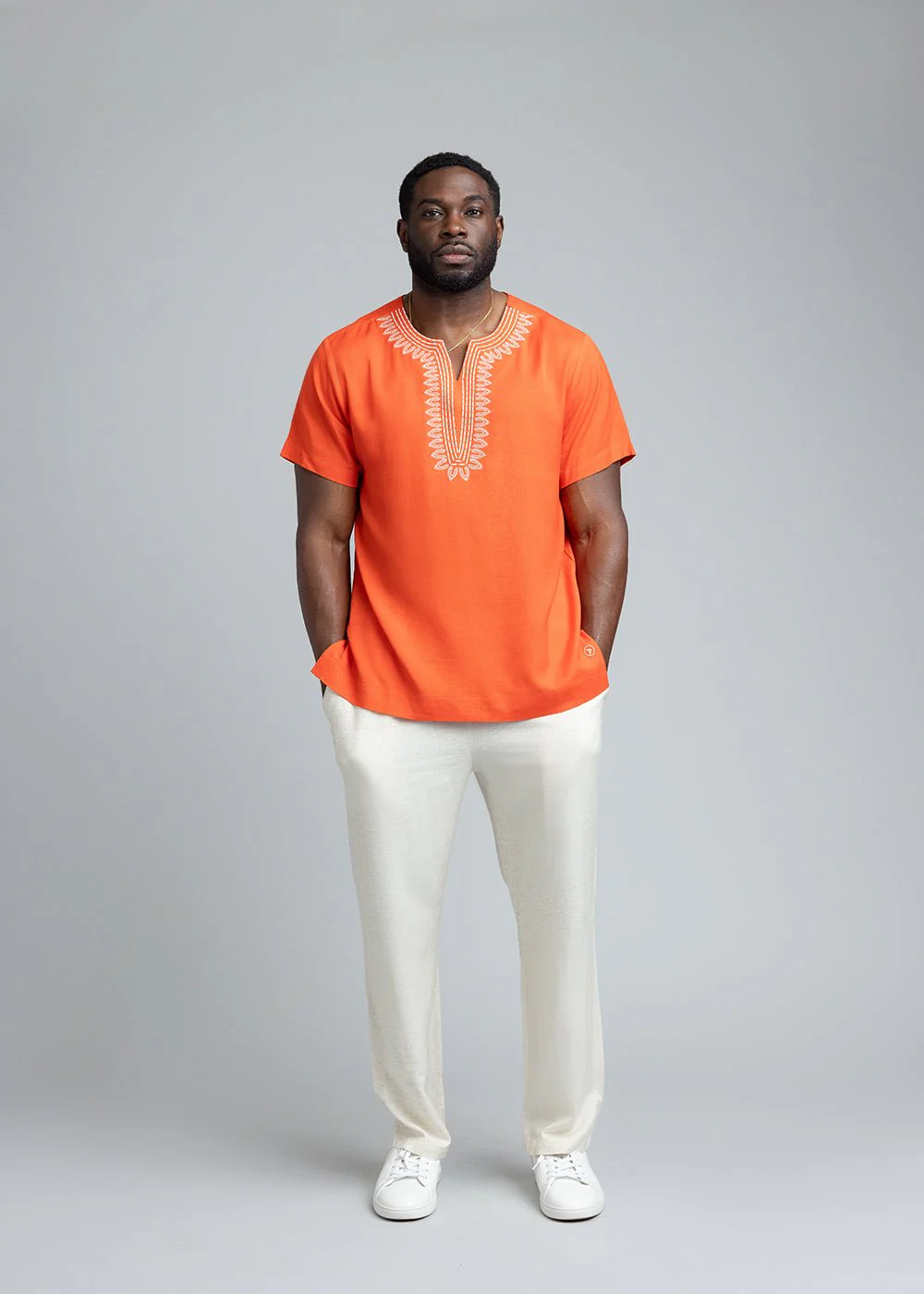 Izibili Men's African Linen Blend Embroidered Tunic Shirt (Deep Coral) - Image 10