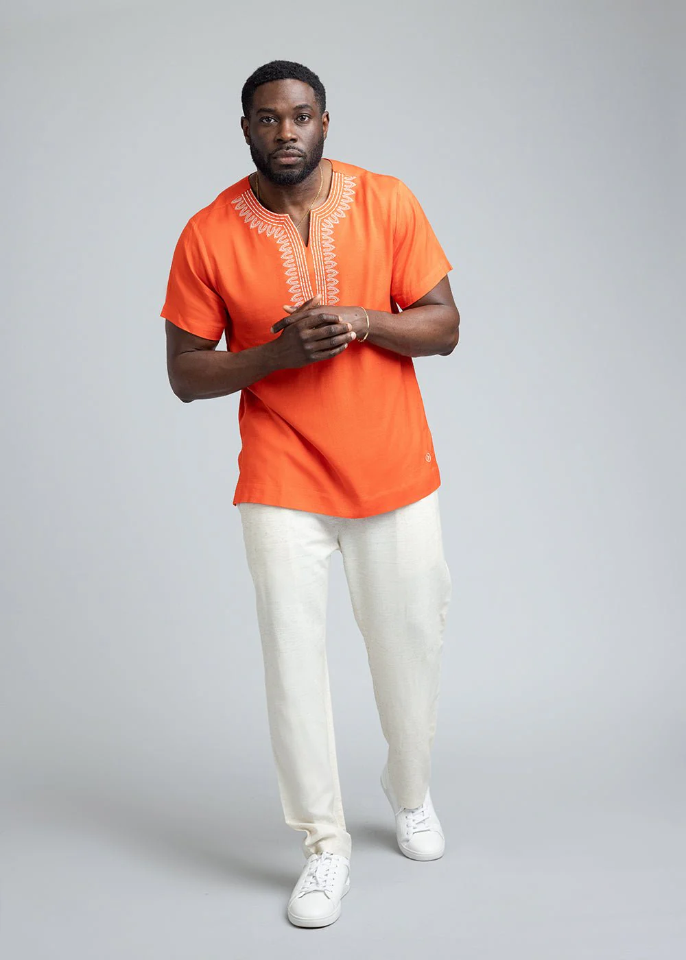 Izibili Men's African Linen Blend Embroidered Tunic Shirt (Deep Coral) - Image 3