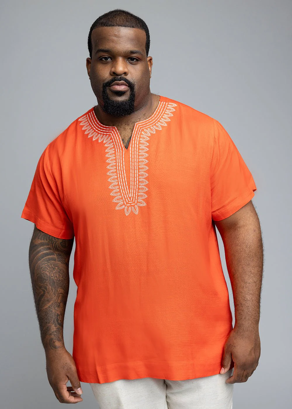 Izibili Men's African Linen Blend Embroidered Tunic Shirt (Deep Coral) - Image 4