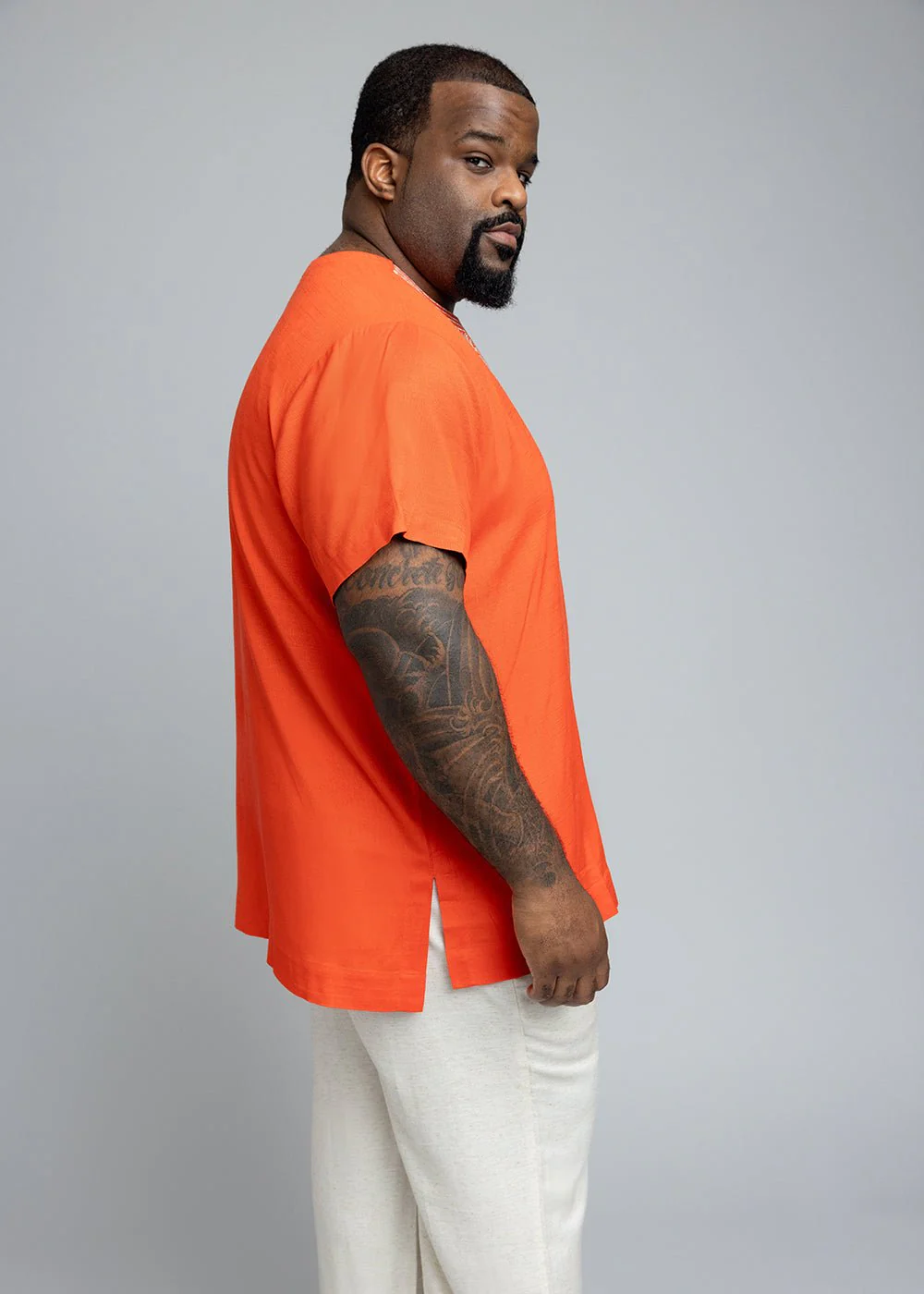 Izibili Men's African Linen Blend Embroidered Tunic Shirt (Deep Coral) - Image 5