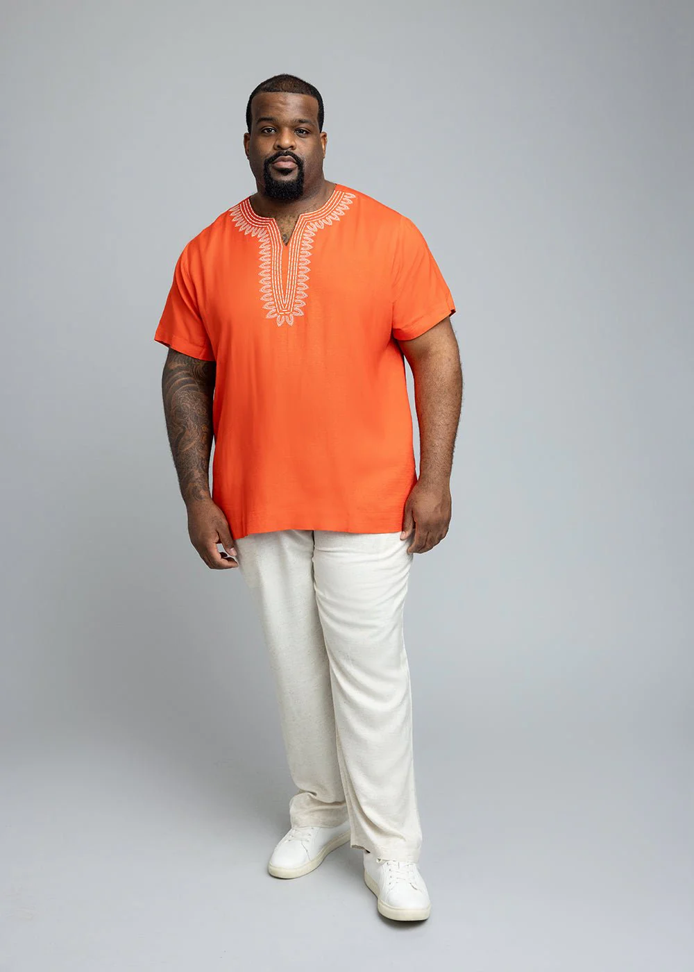 Izibili Men's African Linen Blend Embroidered Tunic Shirt (Deep Coral) - Image 9