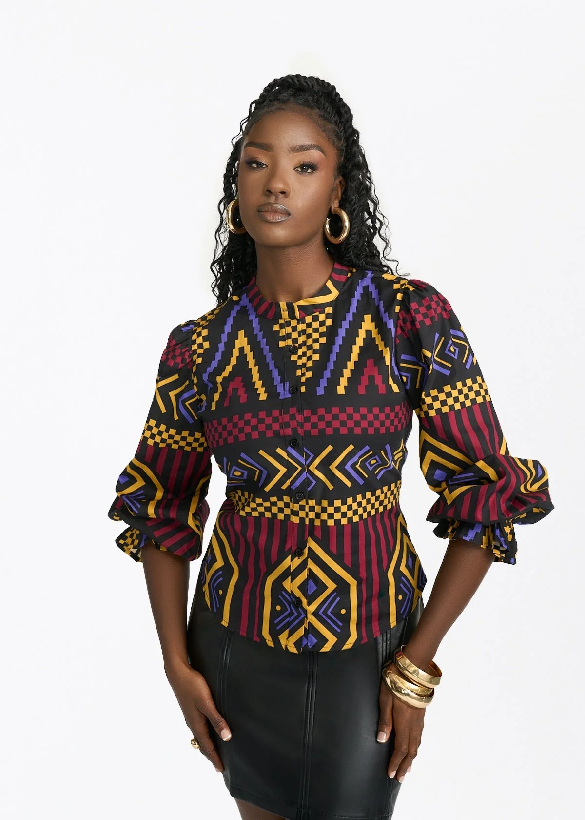 Jahzara Women's African Print Blouse (Black Burgundy Tribal)