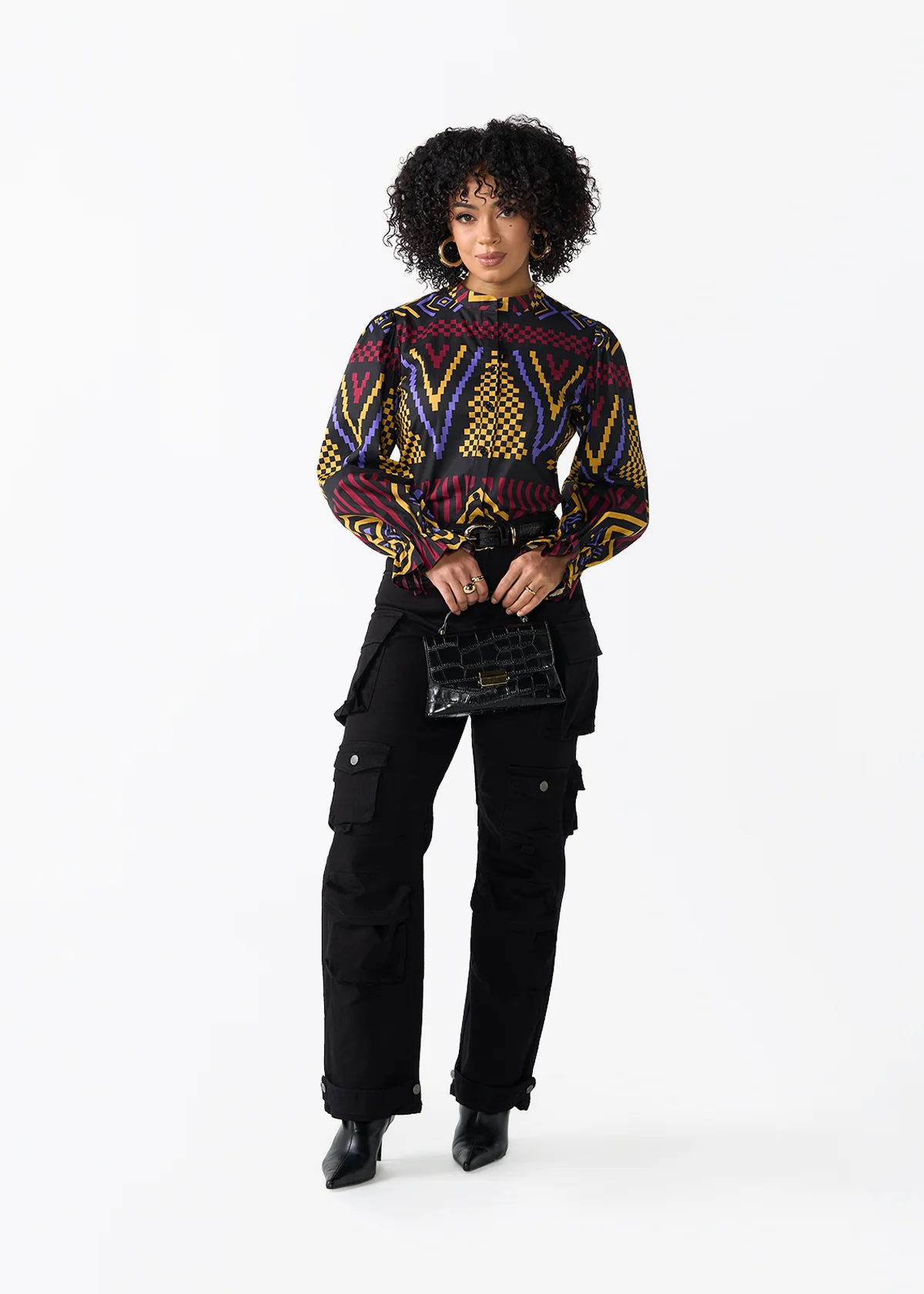 Jahzara Women's African Print Blouse (Black Burgundy Tribal) - Image 2