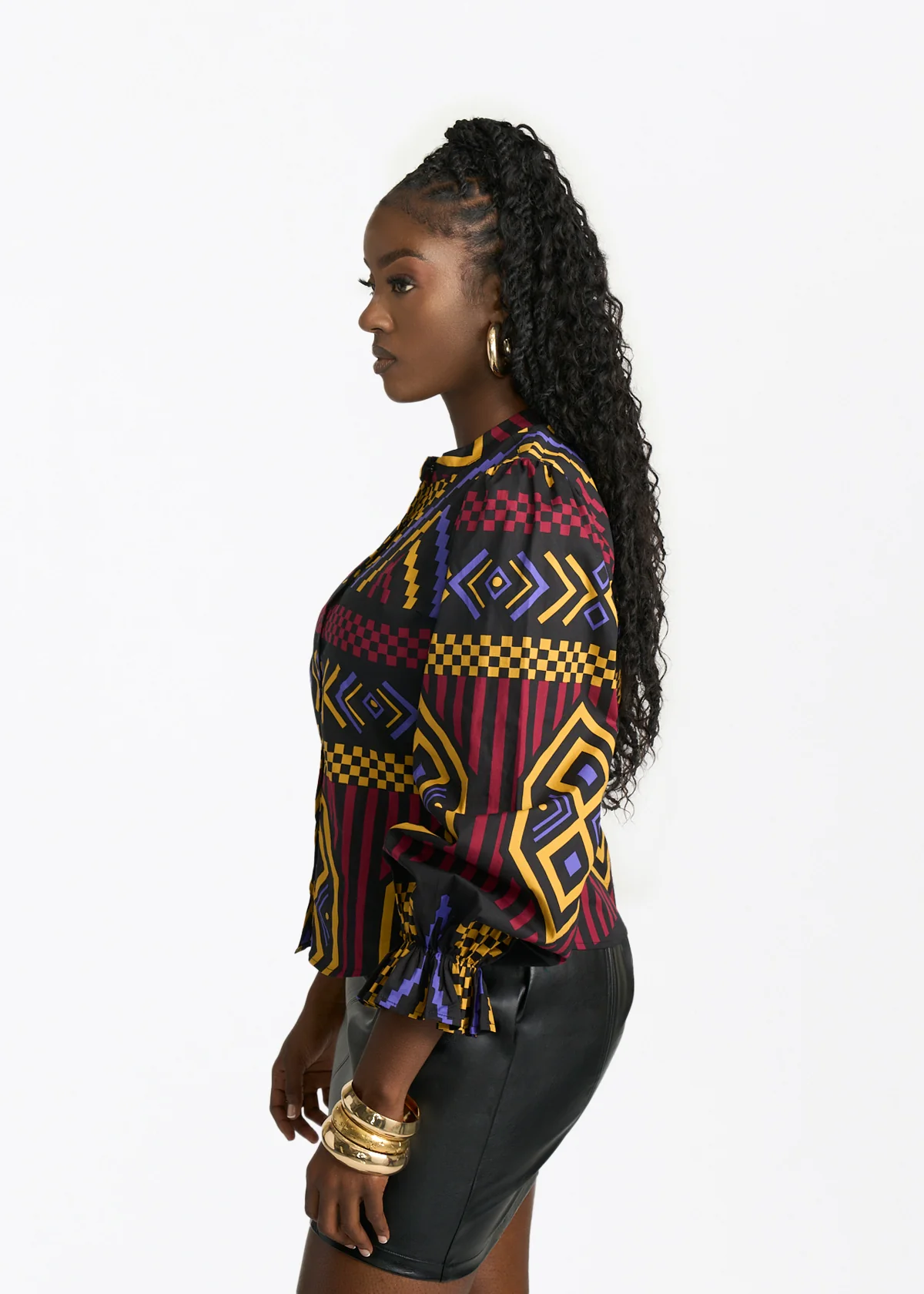 Jahzara Women's African Print Blouse (Black Burgundy Tribal) - Image 3