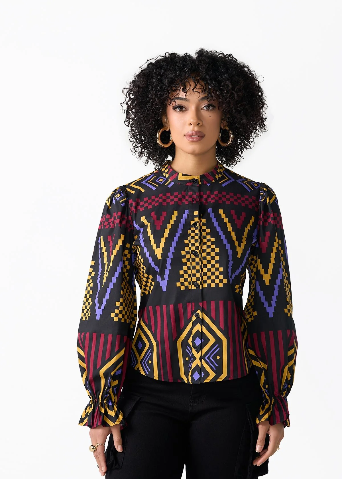 Jahzara Women's African Print Blouse (Black Burgundy Tribal) - Image 4