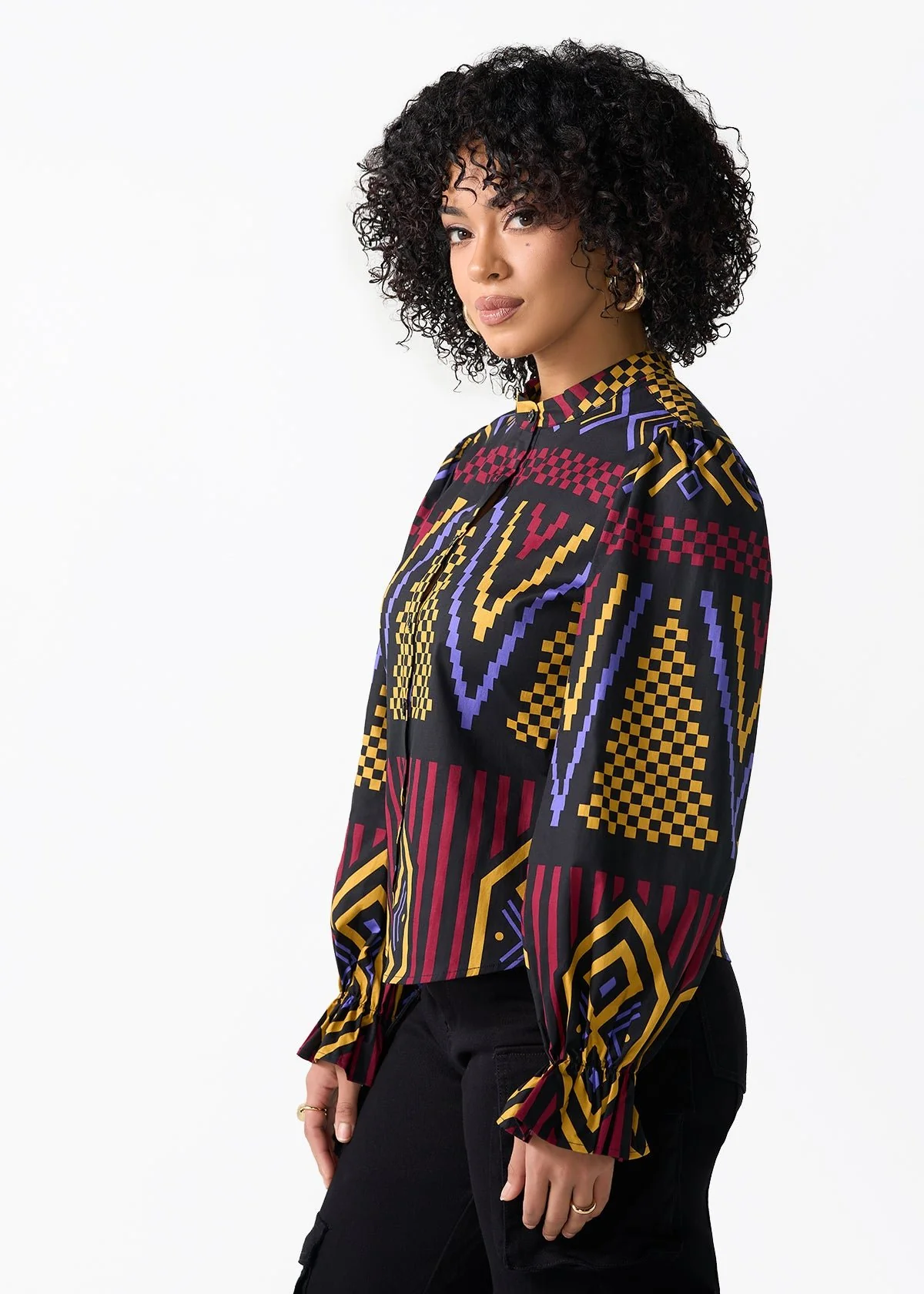 Jahzara Women's African Print Blouse (Black Burgundy Tribal) - Image 5