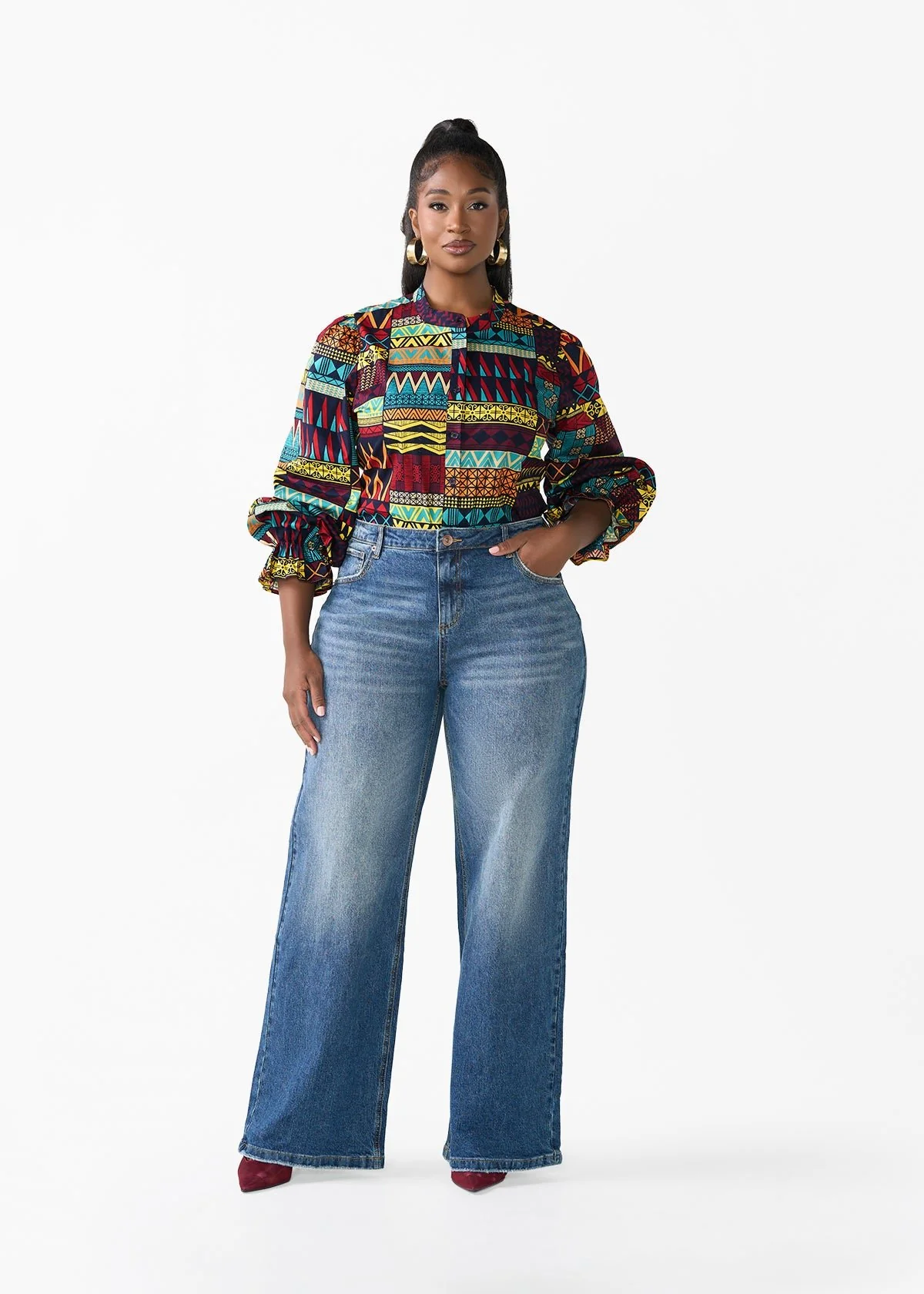 Jahzara Women's African Print Blouse (Navy Multicolor Kente) - Image 2