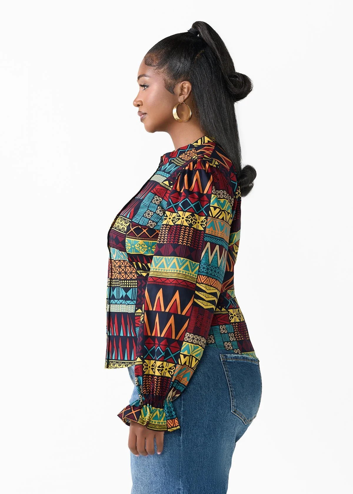 Jahzara Women's African Print Blouse (Navy Multicolor Kente) - Image 3