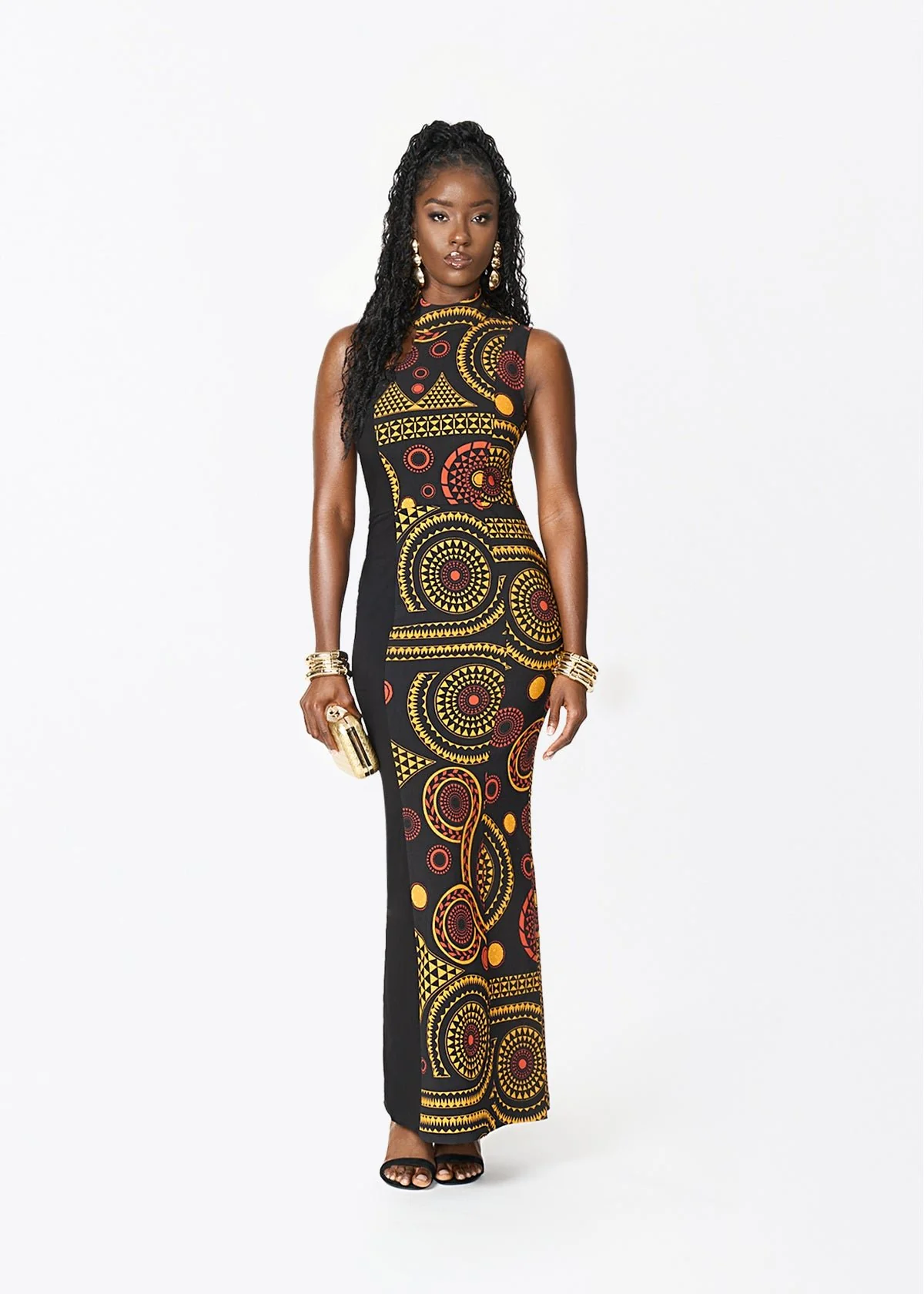 Jalia African Print Stretch Gown (Black Spice Medallion)