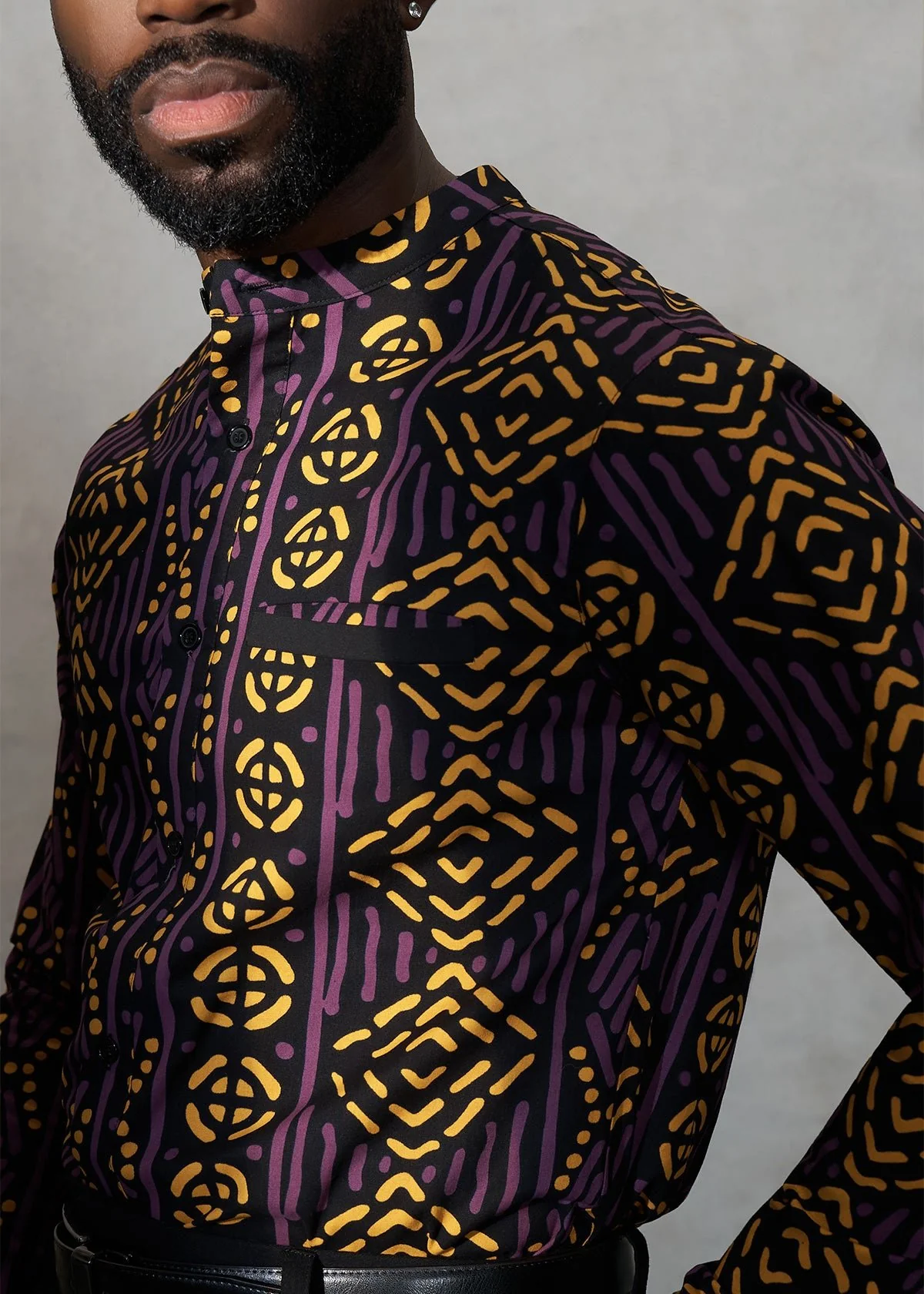 Jamal Men's African Print Mandarin Shirt (Gold Purple Mudcloth) - Image 2