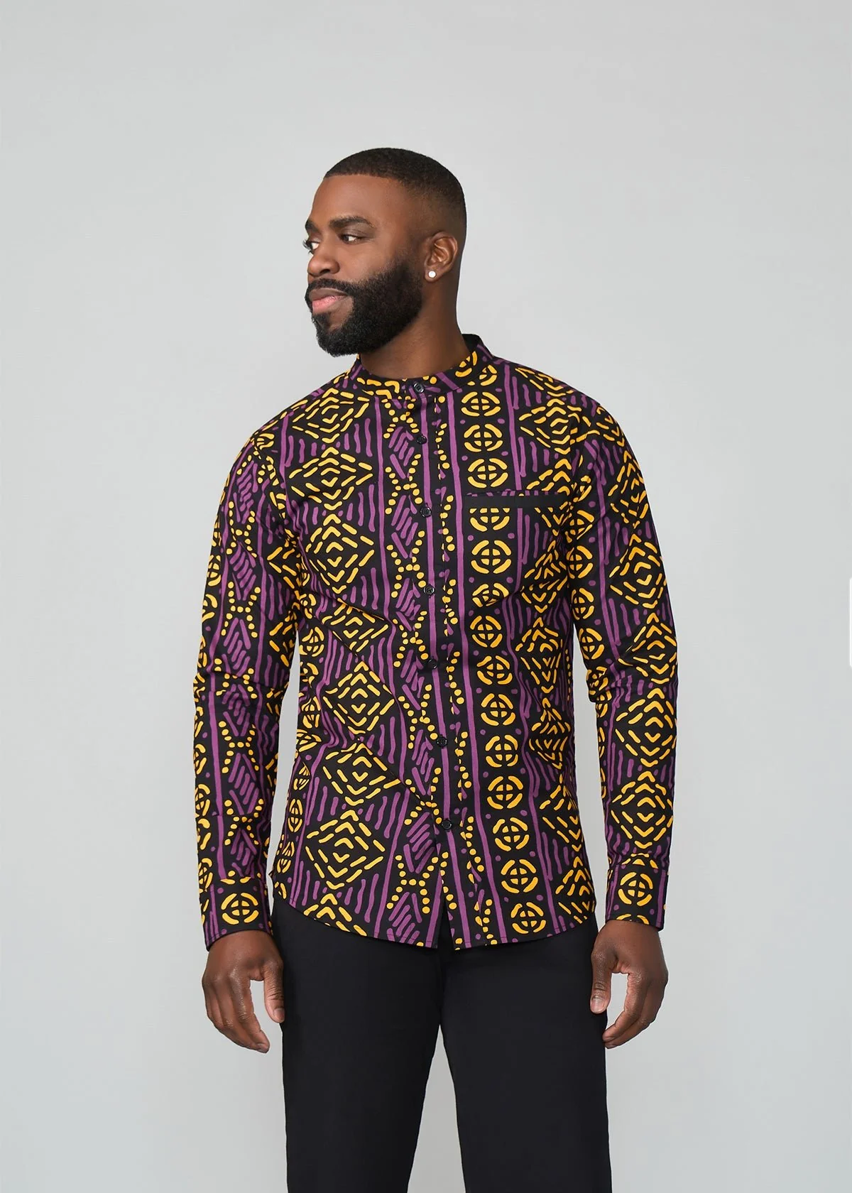Jamal Men's African Print Mandarin Shirt (Gold Purple Mudcloth) - Image 3
