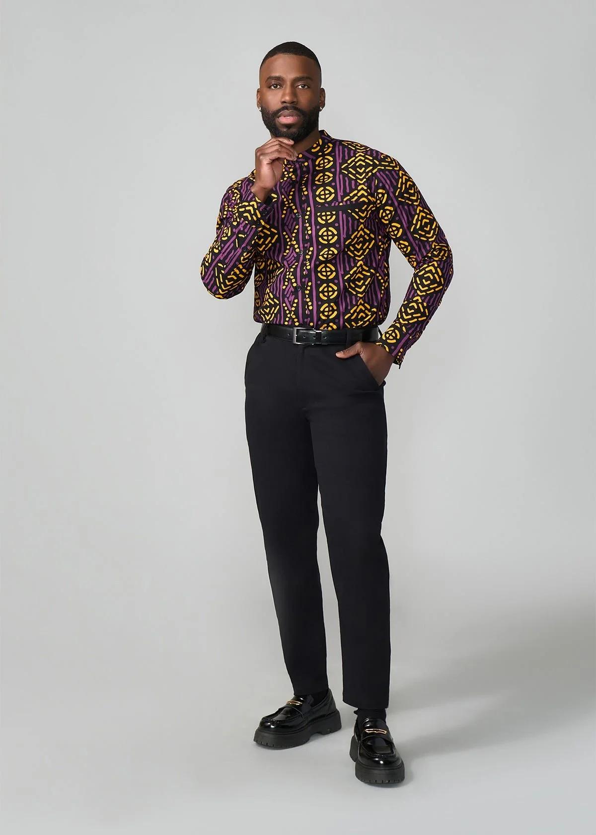 Jamal Men's African Print Mandarin Shirt (Gold Purple Mudcloth) - Image 4