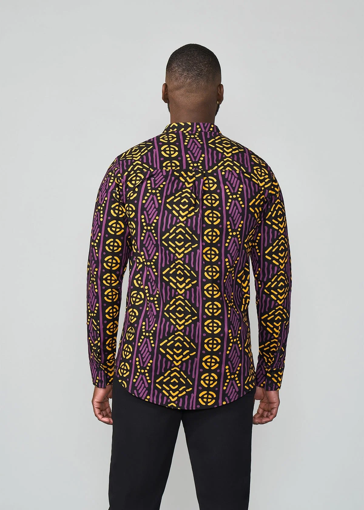 Jamal Men's African Print Mandarin Shirt (Gold Purple Mudcloth) - Image 5