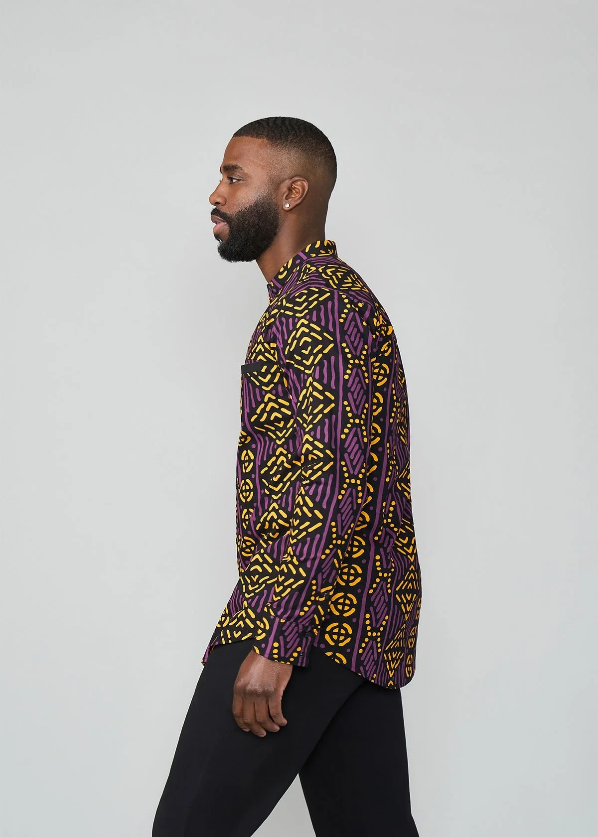 Jamal Men's African Print Mandarin Shirt (Gold Purple Mudcloth) - Image 6