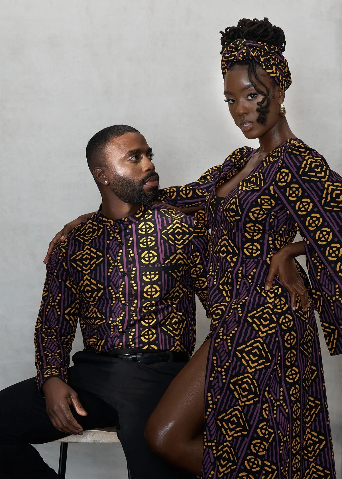 Jamal Men's African Print Mandarin Shirt (Gold Purple Mudcloth) - Image 7