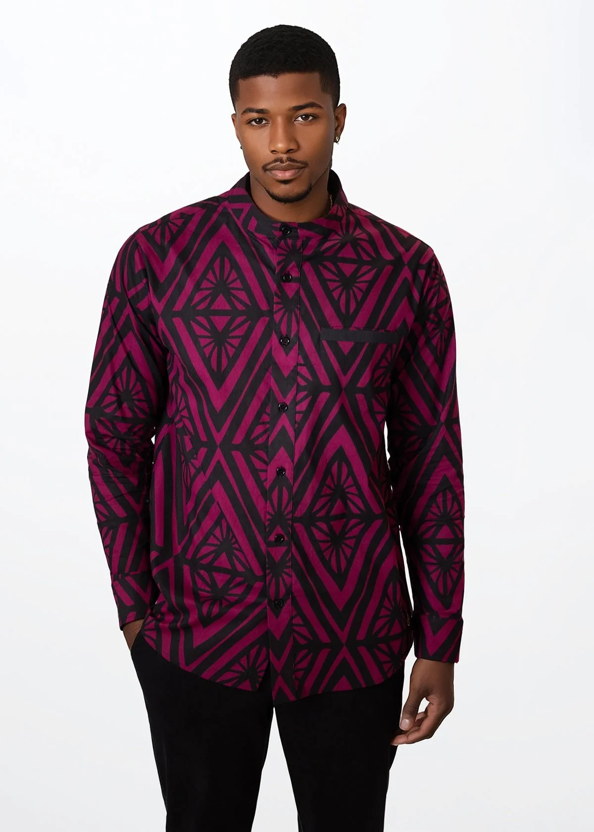 Jamal Mens African Print Mandarin Shirt (Plum Diamonds)
