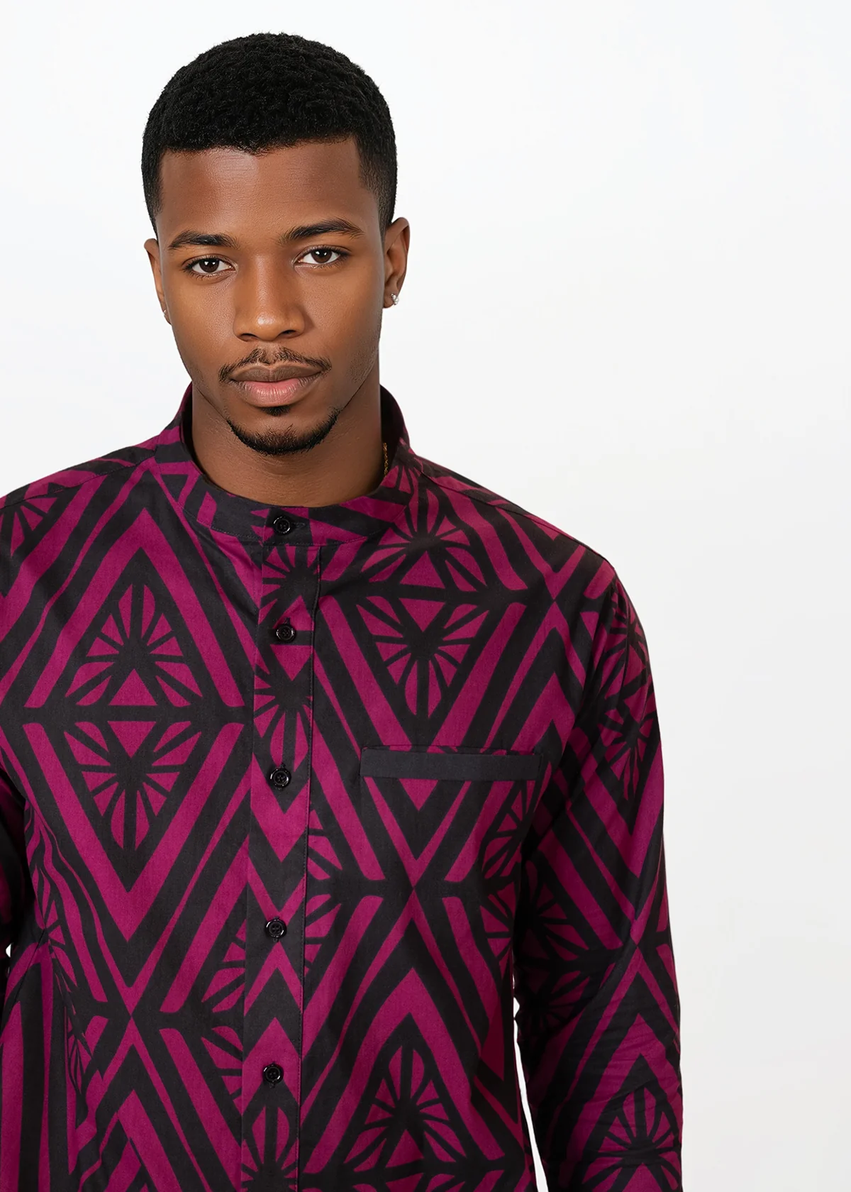 Jamal Mens African Print Mandarin Shirt (Plum Diamonds) - Image 2